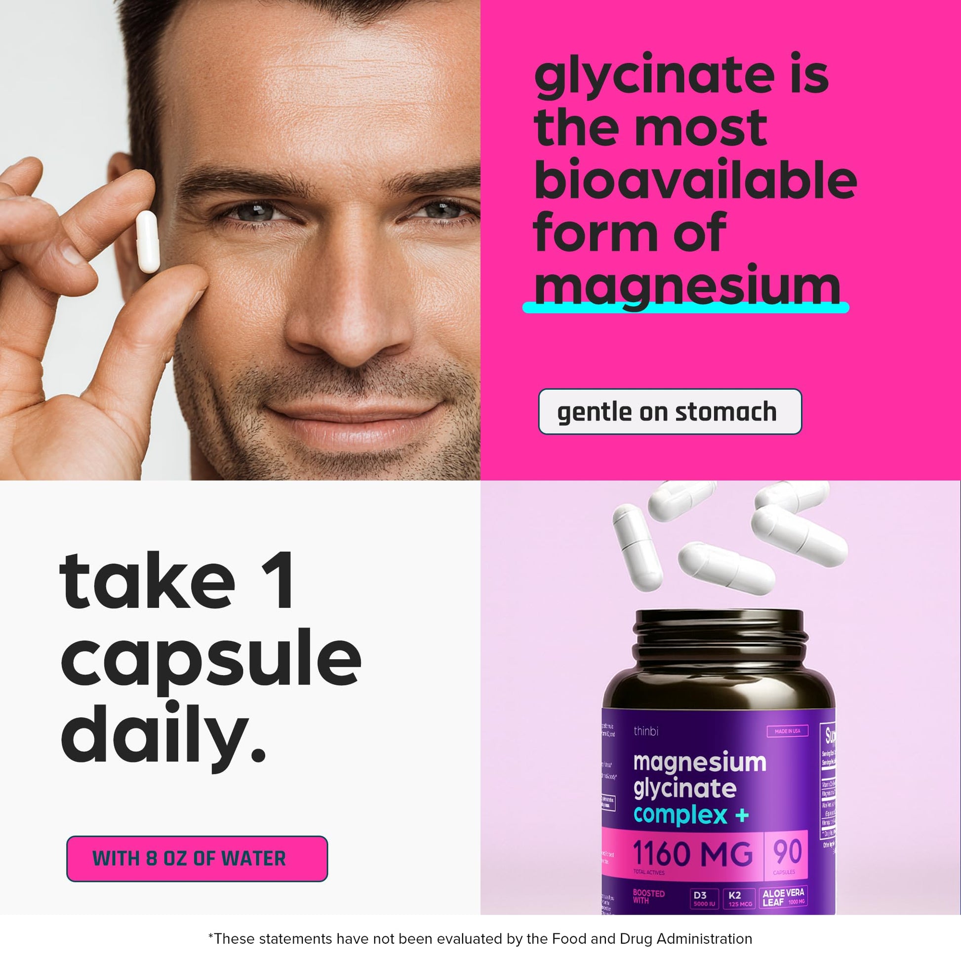 Magnesium Glycinate 1160mg + Aloe Vera, D3 & K2 Complex 90 Capsules - High Absorption, Non-Laxative - Supports, Muscle Function & Healthy Metabolism Chelated Formula Thinbi Au supplements
