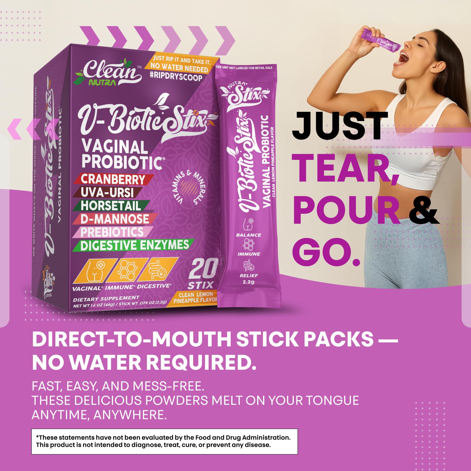 Clean Nutraceuticals Vaginal Probiotics for Women with Cranberry Extract, D-Mannose, Prebiotics, pH Balance for Women, Vaginal Health – Womens Probiotic Alternative to Gummies - 20 Stix Clean Nutraceuticals Au supplements
