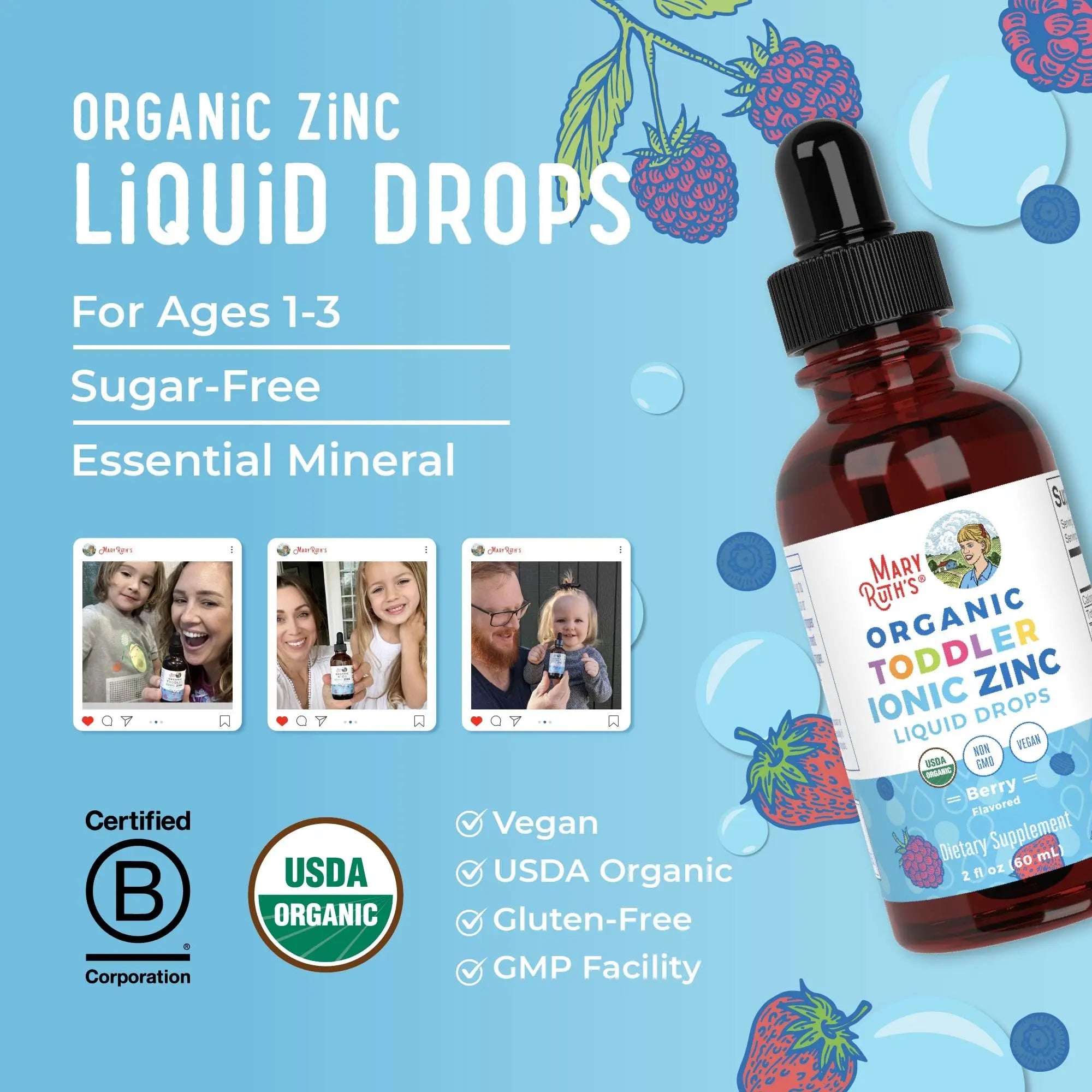 MaryRuth Organics USDA Toddler Liquid Drops | Zinc Sulfate | Immune Support Supplement| Skin Health | Vegan | Formulated for Ages 1-3 | Delicious Berry Flavor | 1 Month Supply | 2 Fl Oz MARYRUTH'S Au supplements