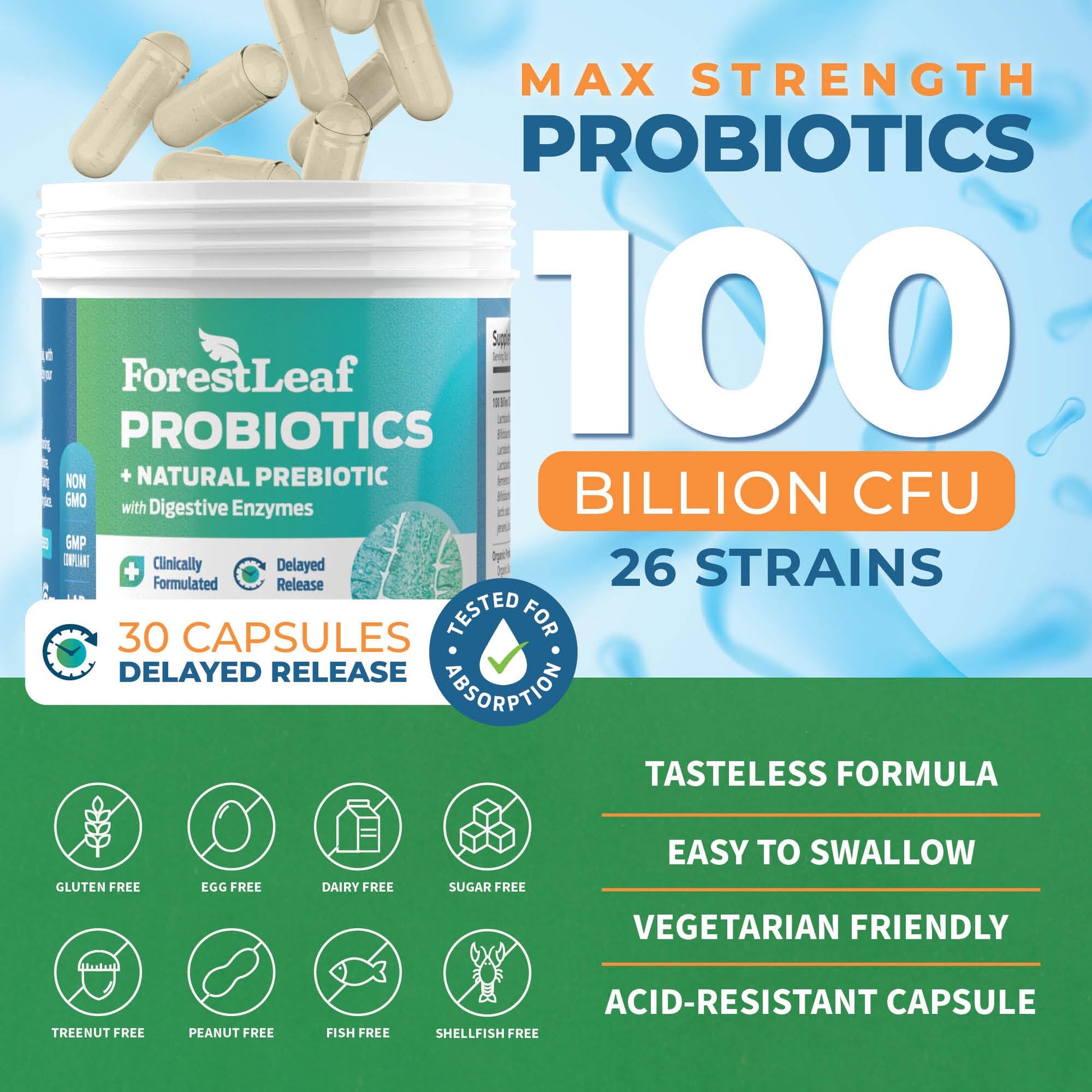 Probiotics for Men and Women, 100 Billion CFU, 26 Unique Strains, Men's and Women's Probiotic and Prebiotics Support Digestive Health, Gut Wellness, Energy, Mood, Immune, PH Balance (30 Caps) ForestLeaf Au supplements
