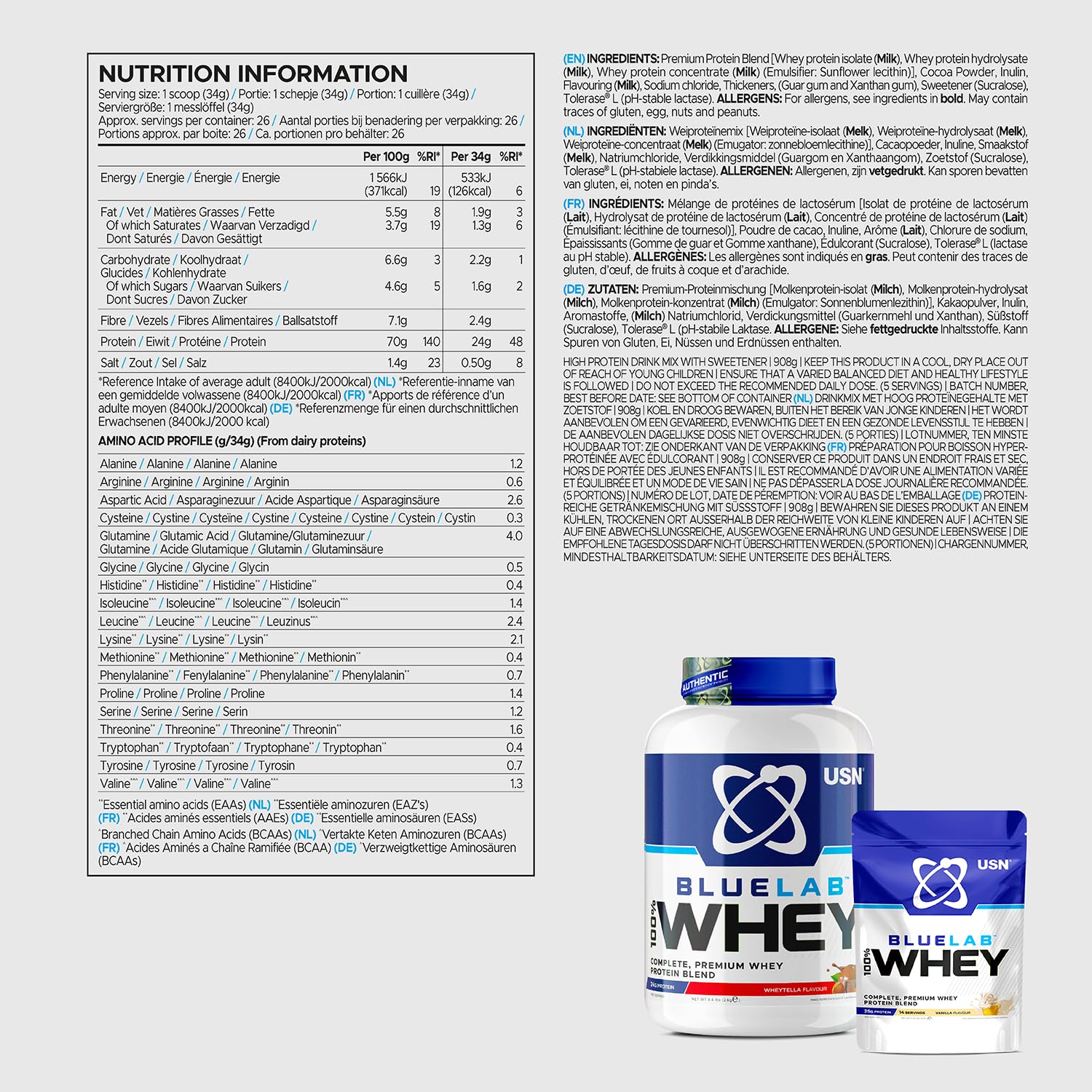 USN Blue Lab Whey Protein Powder: Wheytella - Whey Protein 908g - Post-Workout USN Au supplements