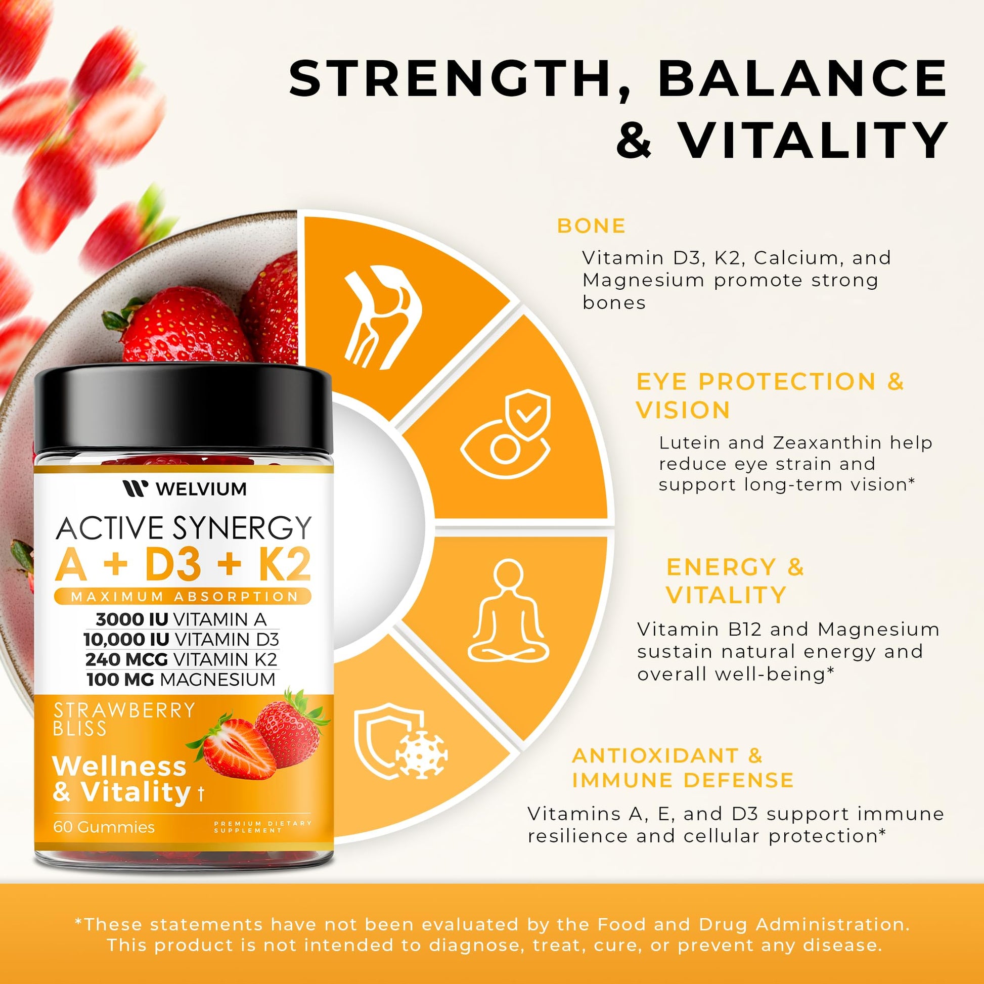 WELVIUM Vitamin D3 K2 Gummies 10000 IU with Magnesium Glycinate, Calcium, B12, K2 MK-7, Vitamins A, E, Lutein, Zeaxanthin - ADK Chewable Supplement for Bone, Eye, Immune Support - D3K2 Gummies WELVIUM Au supplements