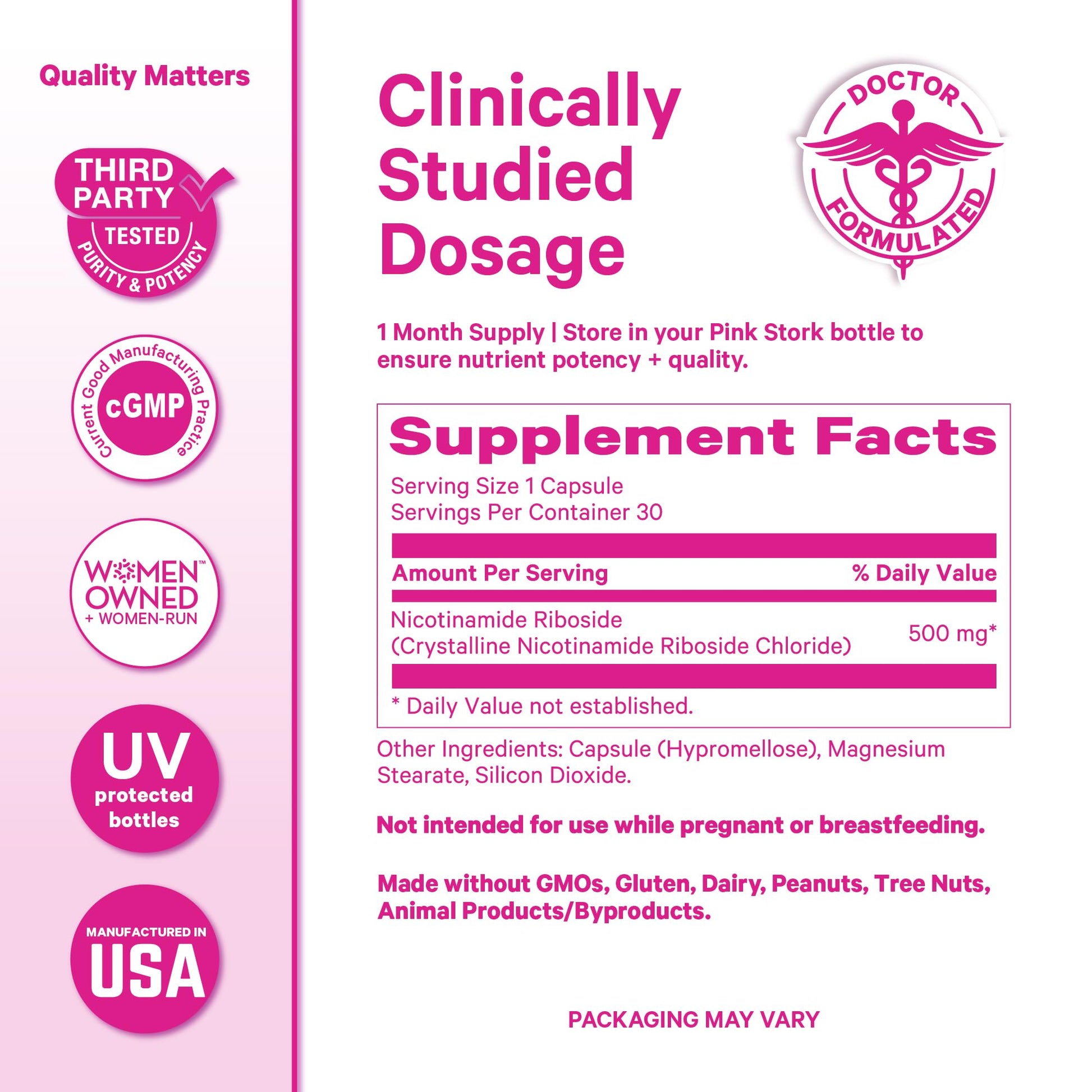 Pink Stork NAD+ Supplement for Women | 500mg Nicotinamide Riboside NR | Clinically-Studied Pure NMN Powder | Brain + Cognitive Support |Energy, Skin Essentials Over 30 | 1 Month Supply Pink Stork Au supplements