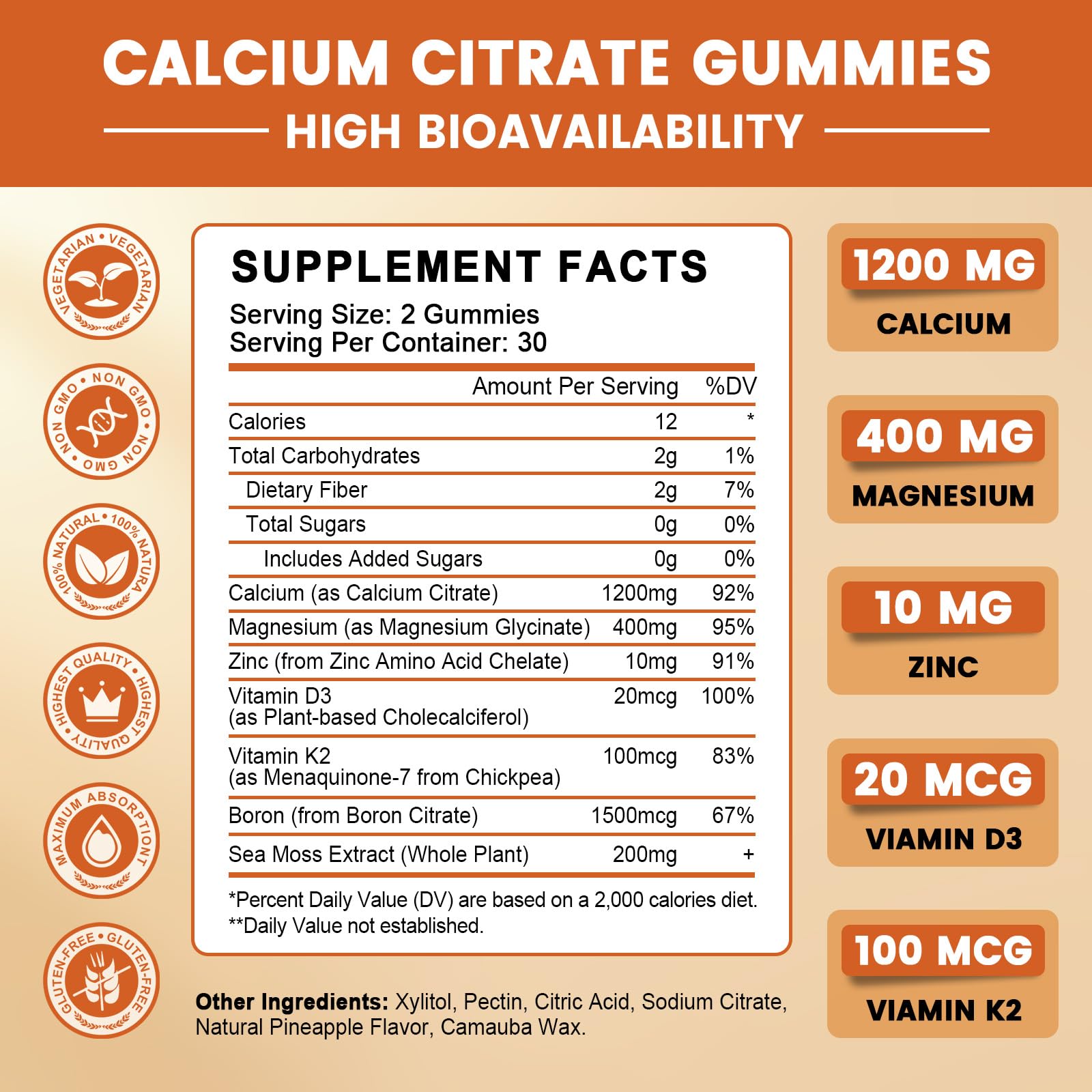 GONGOTA Calcium Citrate 1200mg with Vitamin D3 Gummies, Chewable Calcium for Bone, Muscle, Joints, Immune Support, Calcium Supplements for Women & Men,Sugar Free, Pineapple Flavor - 120 Gummies GONGOTA Au supplements