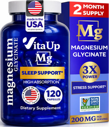 VitaUp Magnesium Glycinate 200mg - USA Made, Highly Absorbed, Non-GMO Magnesium for Relaxation, Deep Sleep, Bones & Heart - 200mg per Serving, 120 Vegan Capsules VitaUp Au supplements