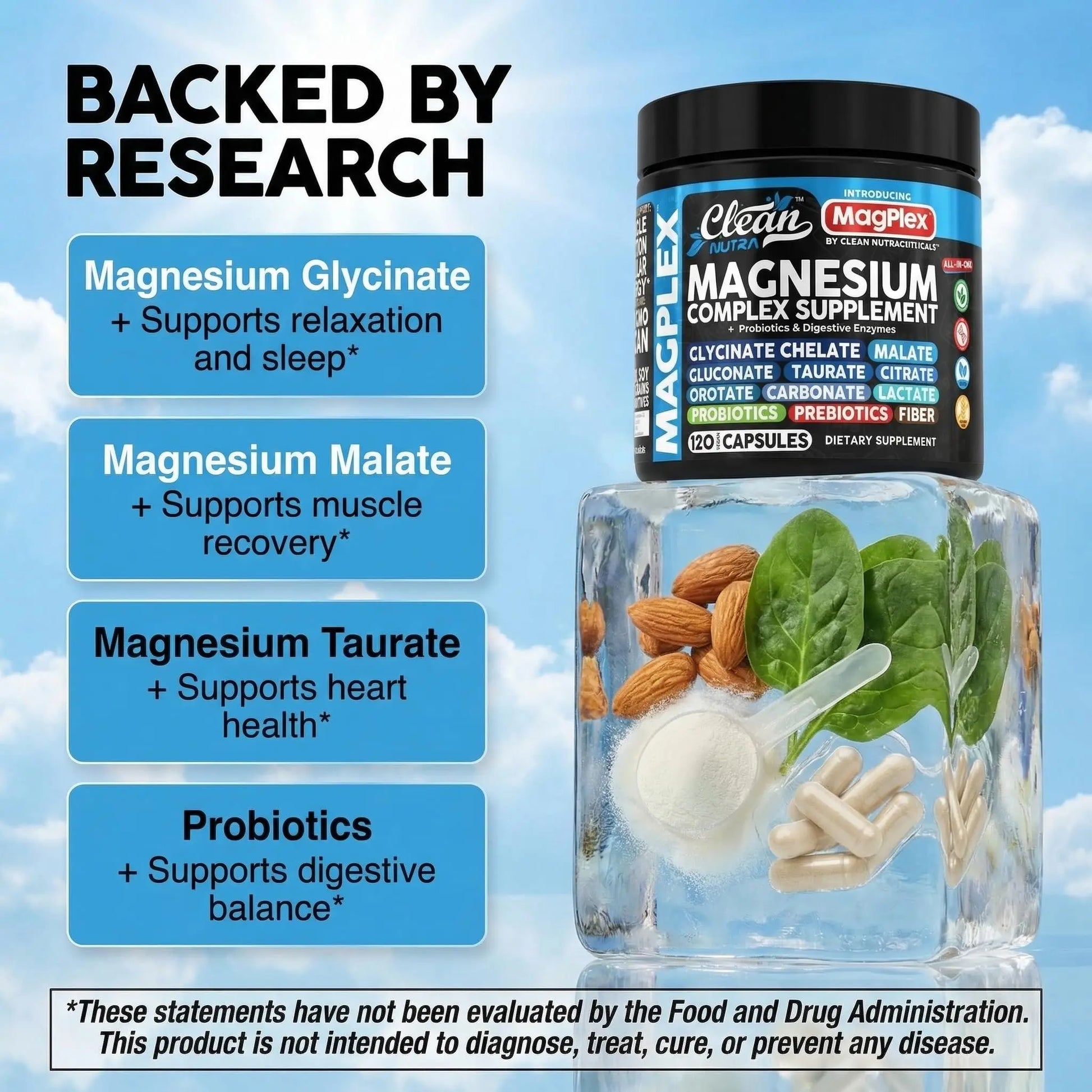 8in1 Magnesium Supplement Complex | Magnesium Glycinate Citrate Malate Gluconate Orotate Carbonate Lactate + Prebiotics Probiotics Digestive Enzymes Magnesio Capsules for Women Men By Clean Nutra Clean Nutraceuticals Au supplements