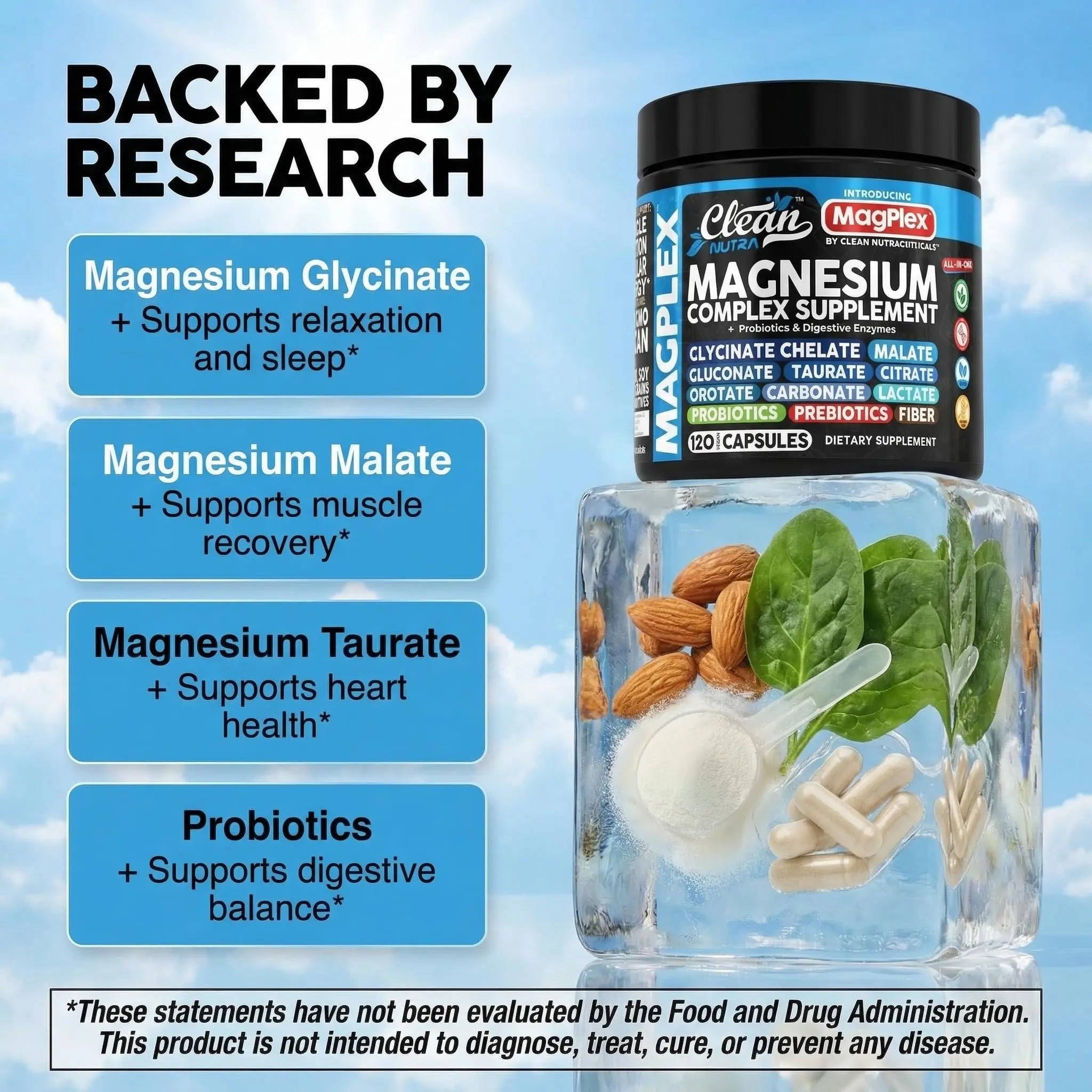 8in1 Magnesium Supplement Complex | Magnesium Glycinate Citrate Malate Gluconate Orotate Carbonate Lactate + Prebiotics Probiotics Digestive Enzymes Magnesio Capsules for Women Men By Clean Nutra Clean Nutraceuticals Au supplements