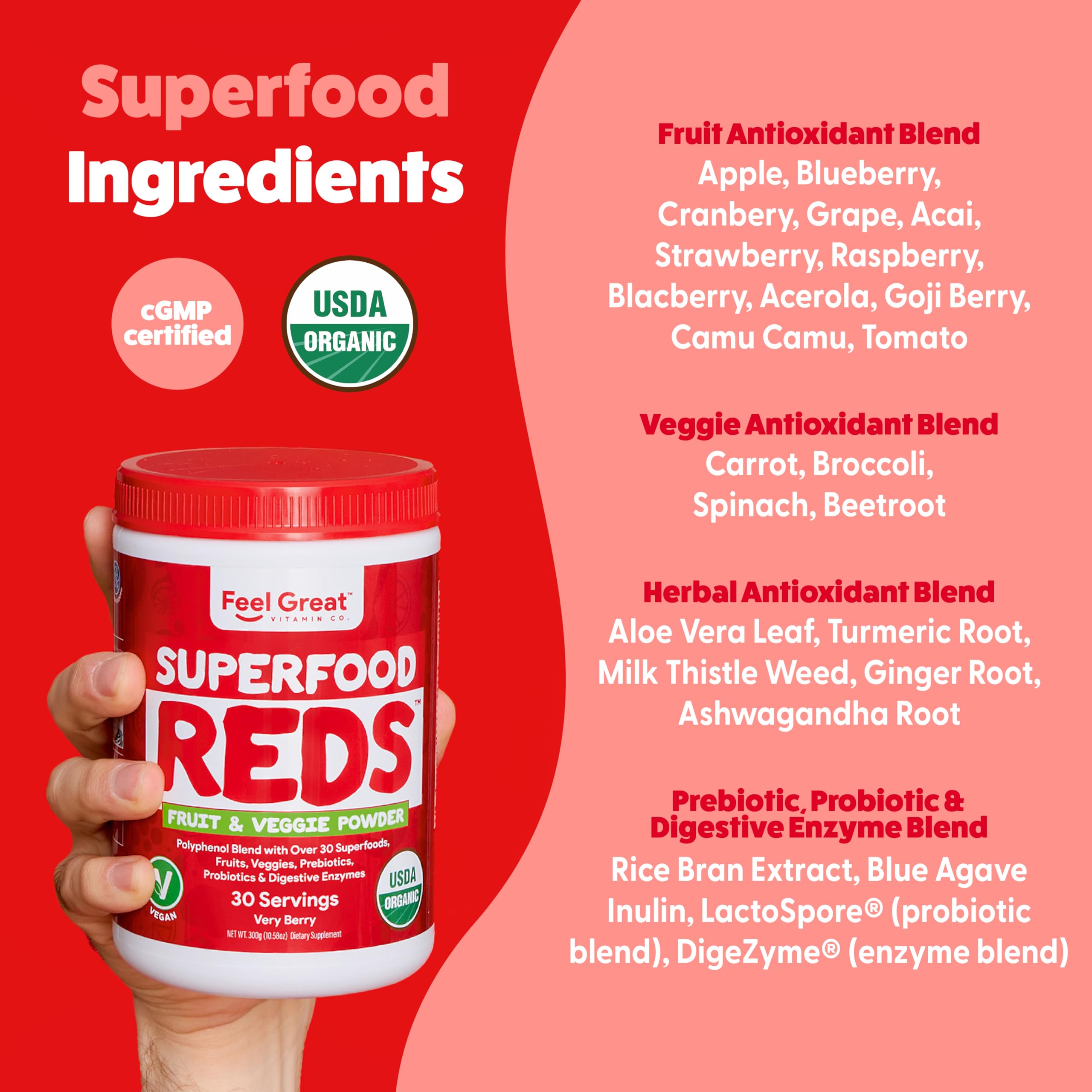 Feel Great Organic Superfood Reds Powder Packed with Beet Root Powder | Digestive Support Including Bloating Relief | Fruit and Veggie Polyphenols Supplement. The Feel Great Vitamin Company Au supplements