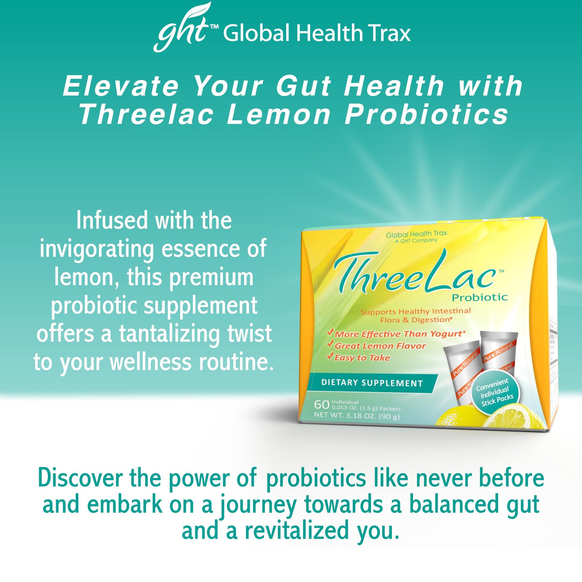 GHT - ThreeLac Lemon Probiotic Drink Mix for Digestive Health - Advanced Probiotic Powder Formula for Men, Women, and Kids - Immune Support & Gut Balance, Non-GMO - 240 Packets ght Global Health Trax Au supplements