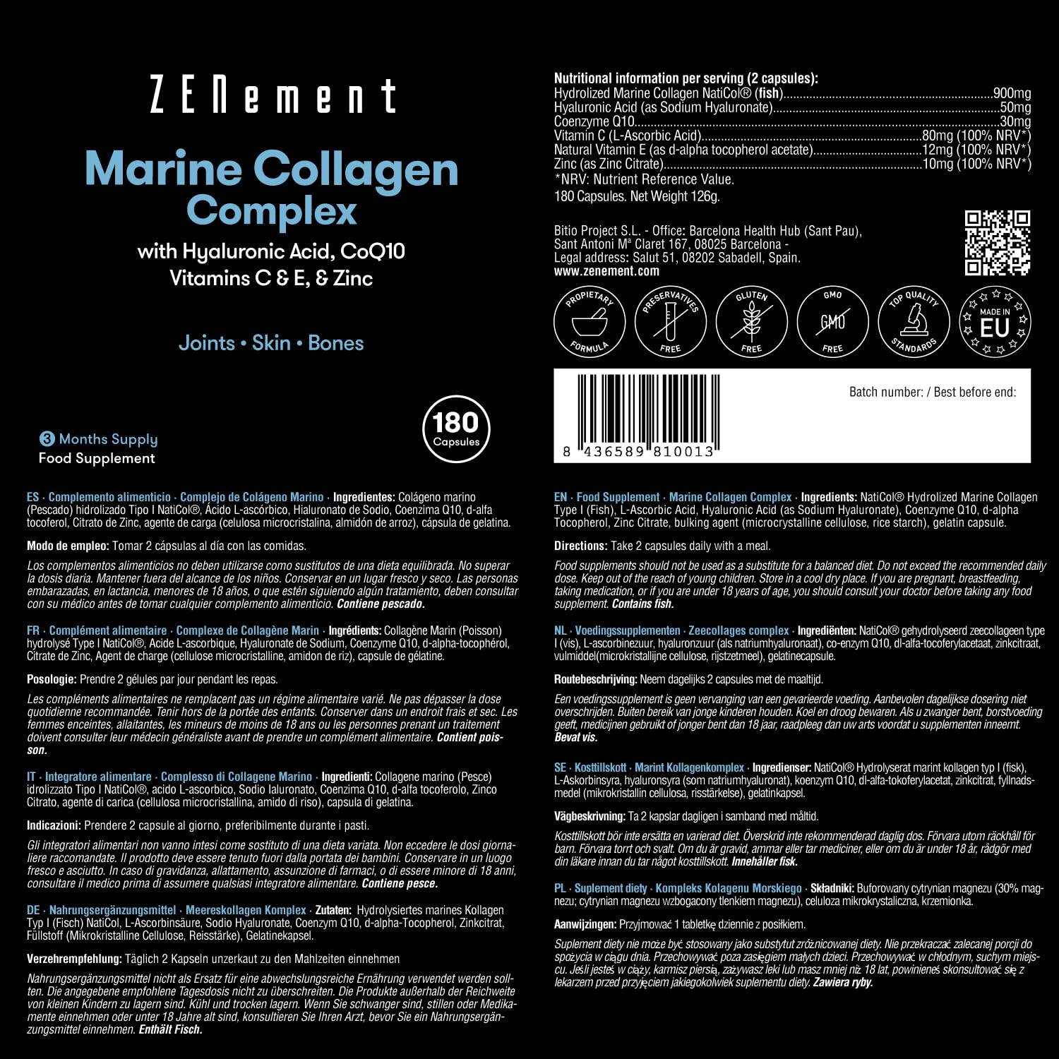 Marine Collagen Complex, with Hyaluronic Acid, CoQ10, Vitamins C & E, & Zinc, 180 Capsules Zenement Au supplements