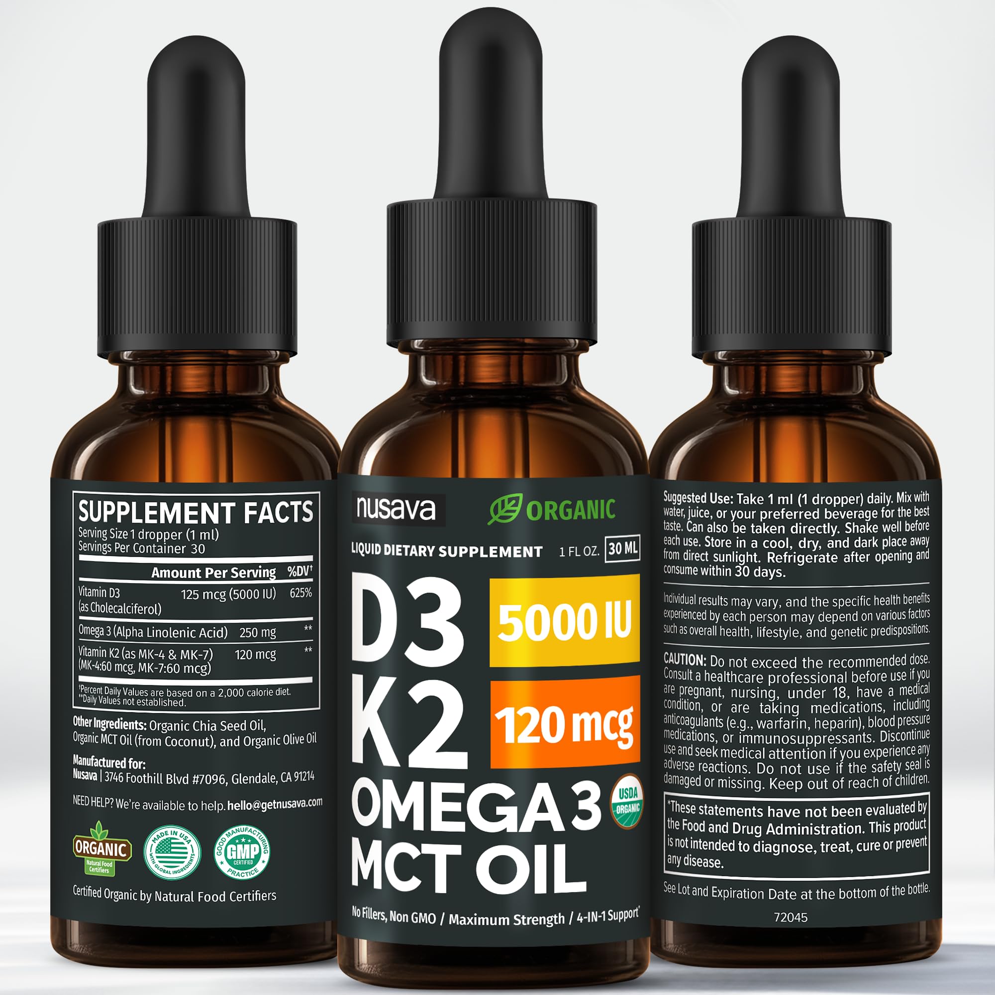 (2 Pack) Organic Vitamin D3 K2 Drops with MCT Oil Omega 3, 5000 IU, Maximum Strength Vitamin D Liquid, No Fillers, Non-GMO Liquid D3 for Faster Absorption and Immune Support (Unflavored, 2 Fl Oz) NUSAVA Au supplements