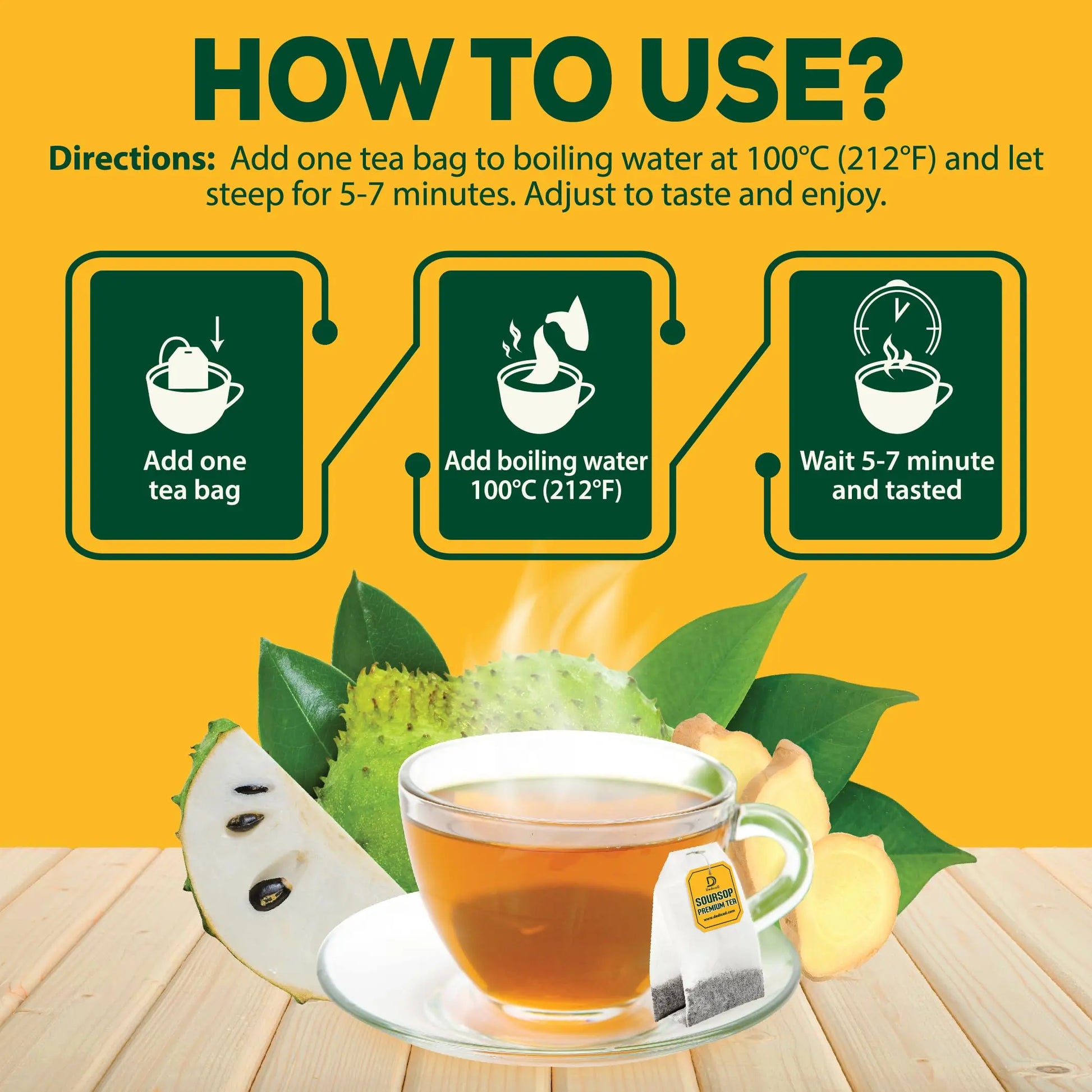 DEDICAD Soursop Leaves Tea Bags with Ginger, 30 Tea bags, 2gr/bag - Non-GMO/Caffeine free - Support Digestion, Well Skin, Immune System DEDICAD Au supplements
