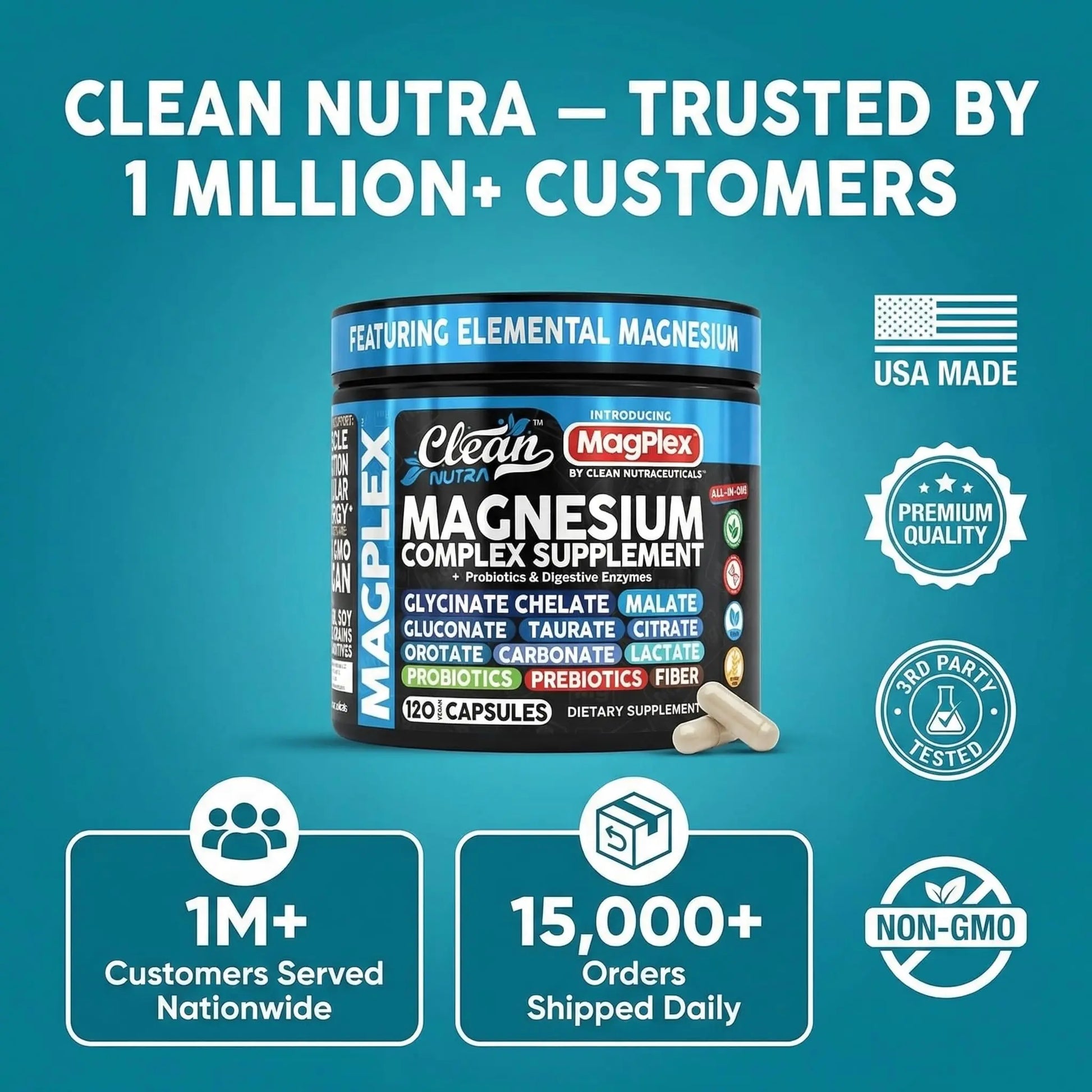 8in1 Magnesium Supplement Complex | Magnesium Glycinate Citrate Malate Gluconate Orotate Carbonate Lactate + Prebiotics Probiotics Digestive Enzymes Magnesio Capsules for Women Men By Clean Nutra Clean Nutraceuticals Au supplements