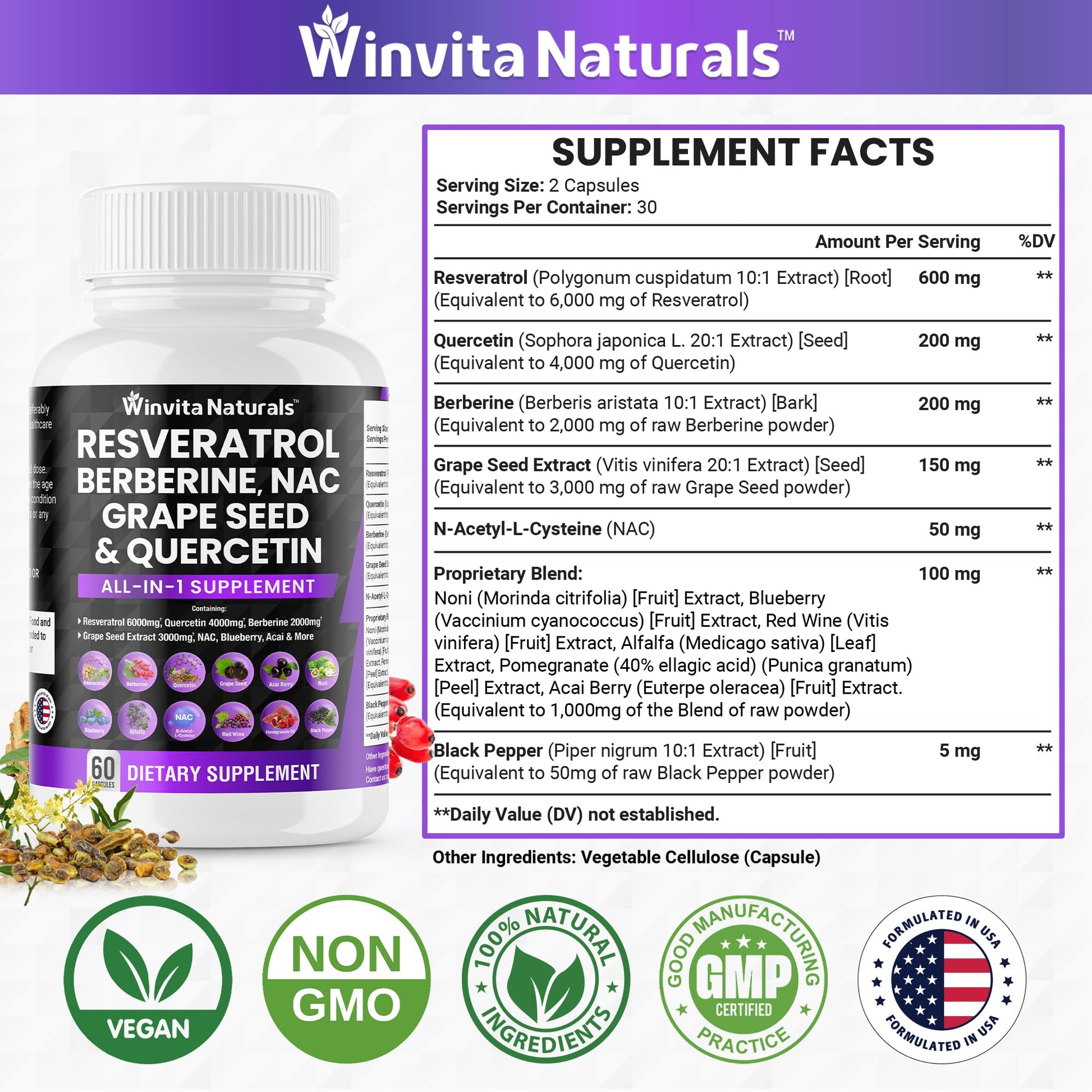 Resveratrol 6000mg Quercetin 4000mg Berberine 2000mg Grape Seed Extract 3000mg Winvita Naturals Au supplements