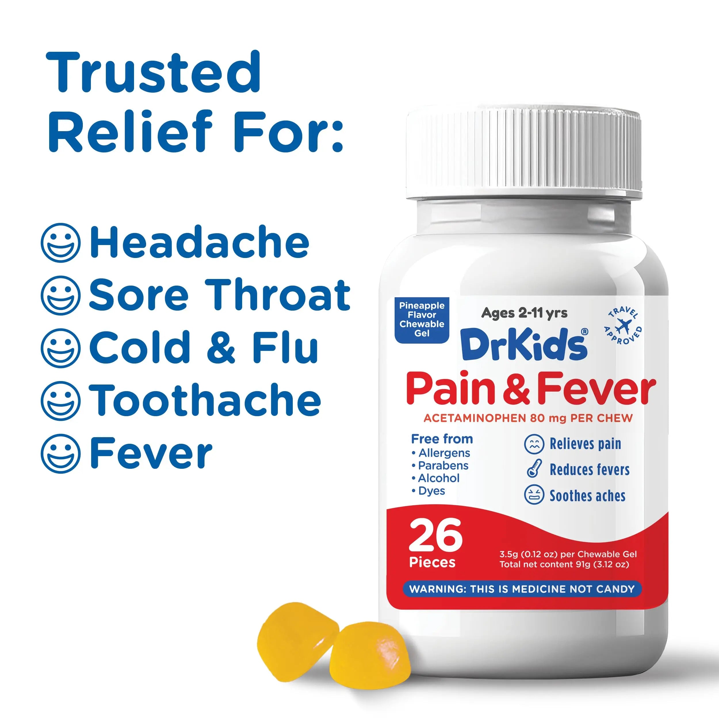 Dr. Kids Children’s Pain and Fever Chewable Gels – Pain Relief and Fever Reducer for Kids Ages 2–11, 80 mg Chewable Acetaminophen for Headache, Sore Throat, Cold & Flu, Pineapple Flavor, 26 Count Dr. Kids Au supplements