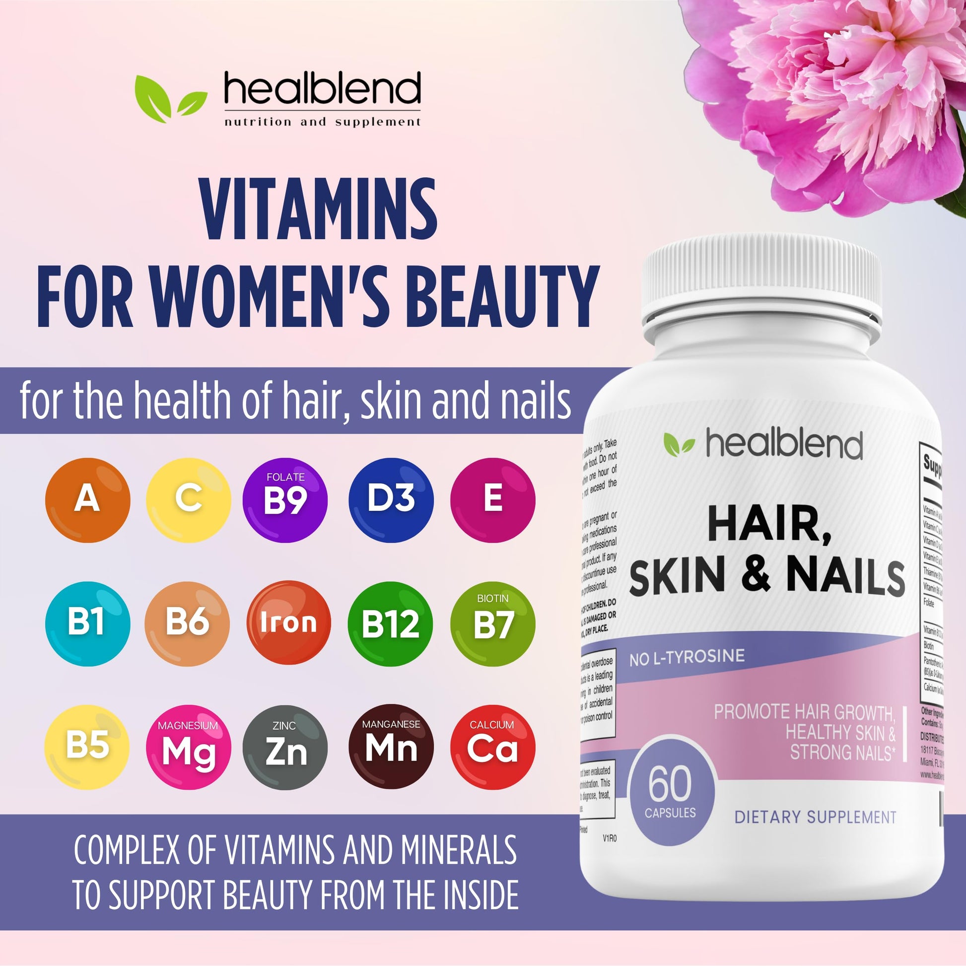 healblend Hair Skin and Nails Vitamins for Women with Biotin 5000 mcg, Iron and Manganese | Vegan, Non-GMO | 60 Capsules healblend Au supplements