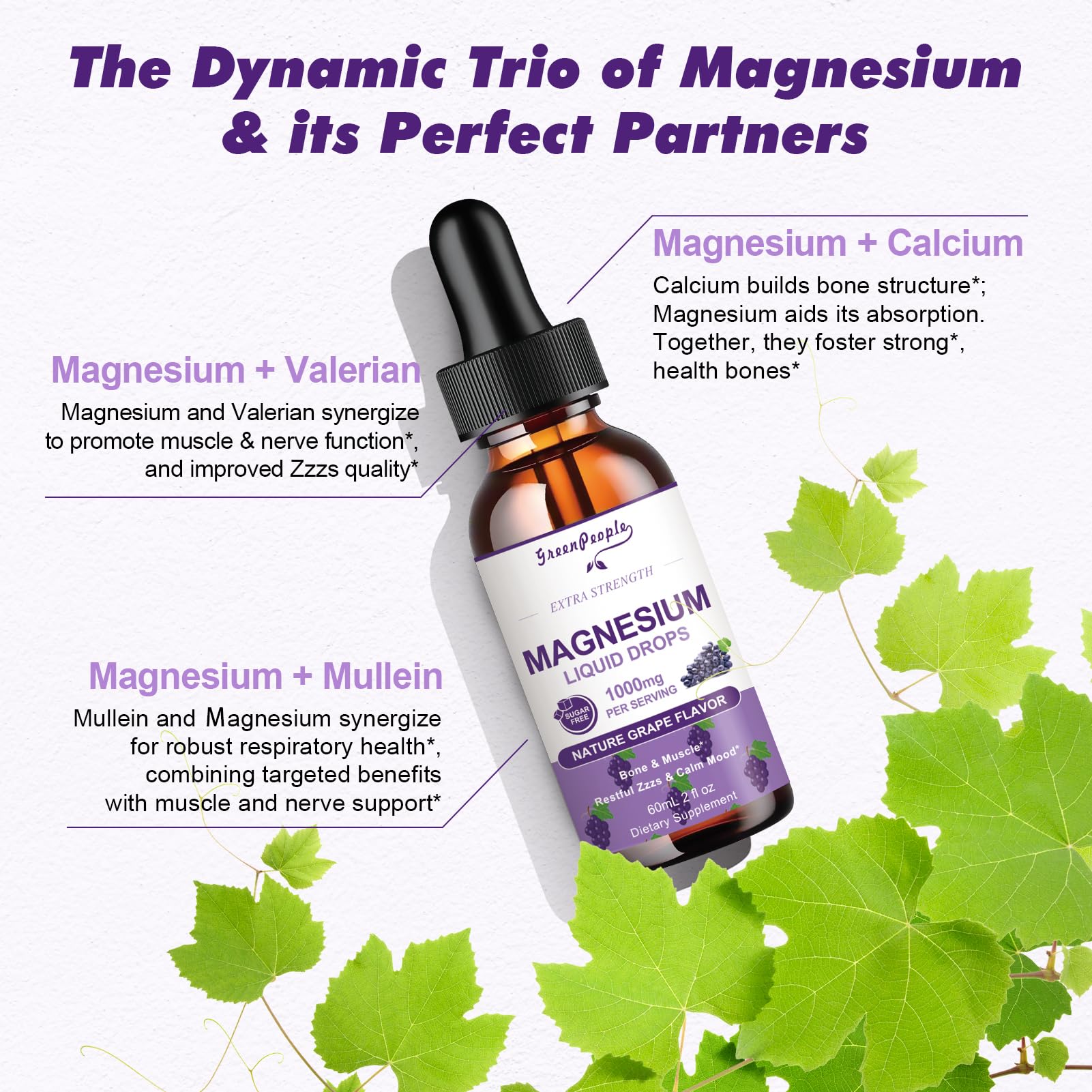 GREENPEOPLE Magnesium Glycinate Liquid Drops - 1000mg 5-in-1 High Absorption Liquid Magnesium for Sleep with D3/K2/B6 | Fast-Acting, Bone, Muscle & Sleep | Sugar-Free Grape Flavor, 2fl Oz GREENPEOPLE Au supplements
