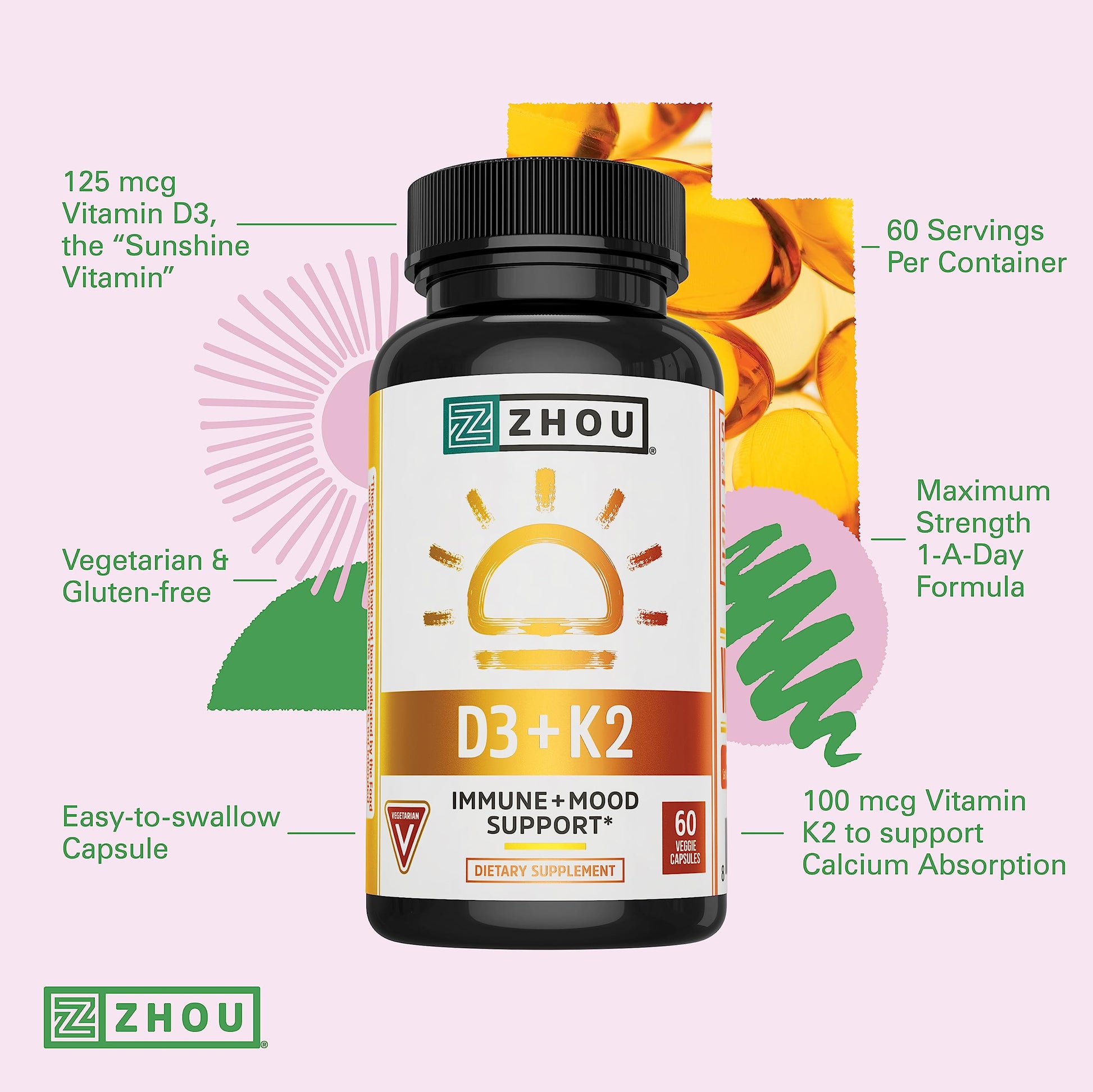 Zhou Nutrition Vitamin D3 K2, Bone and Heart Health Formula 5000 IU Vitamin D3 & 90 mcg Zhou Nutrition Au supplements