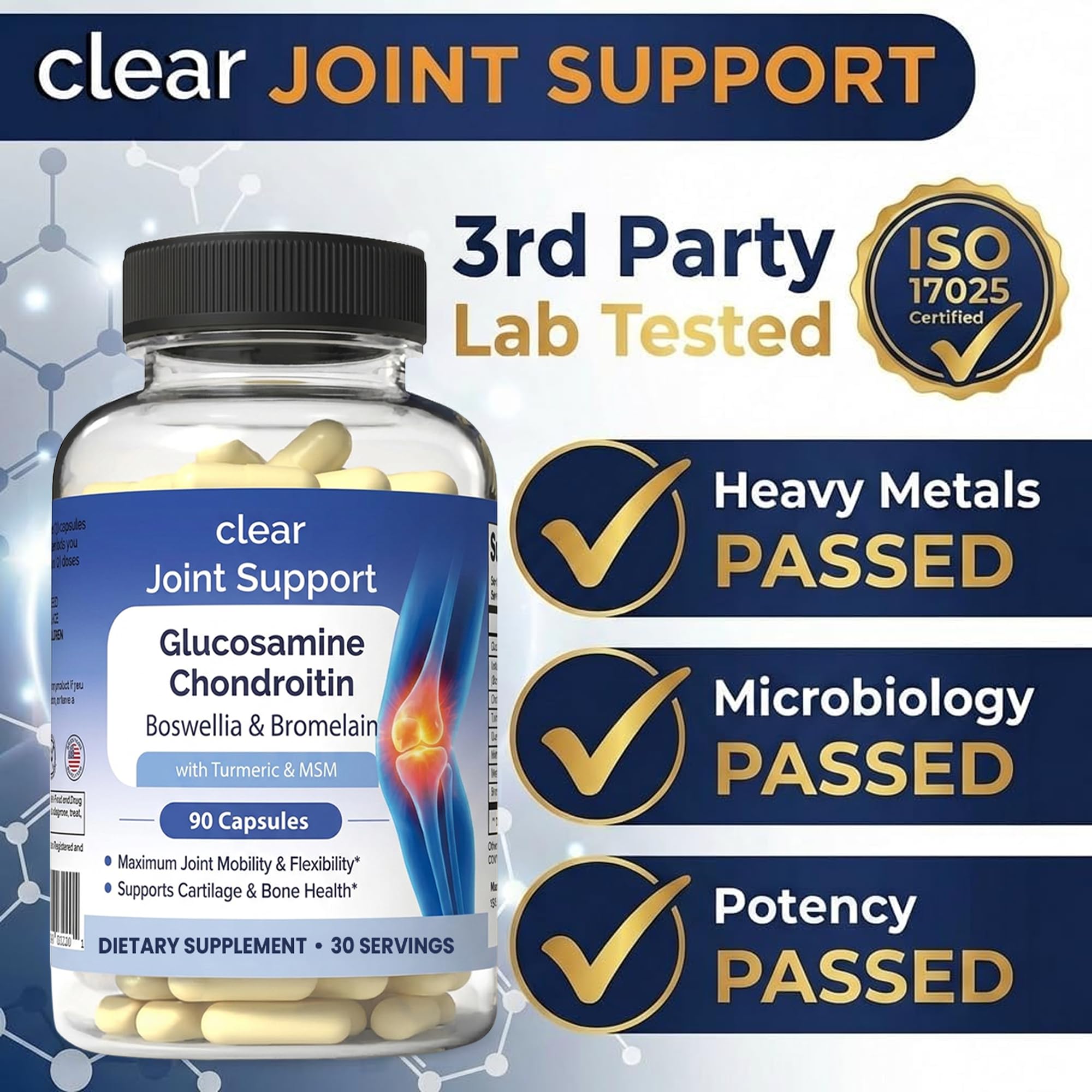 Clear Joint Support - 3-Month Supply | 3-Pack (270 Capsules) | Glucosamine Chondroitin MSM, Turmeric & Boswellia | Supports Knee, Hip & Back Health | Made in USA Clear Probiotics Au supplements