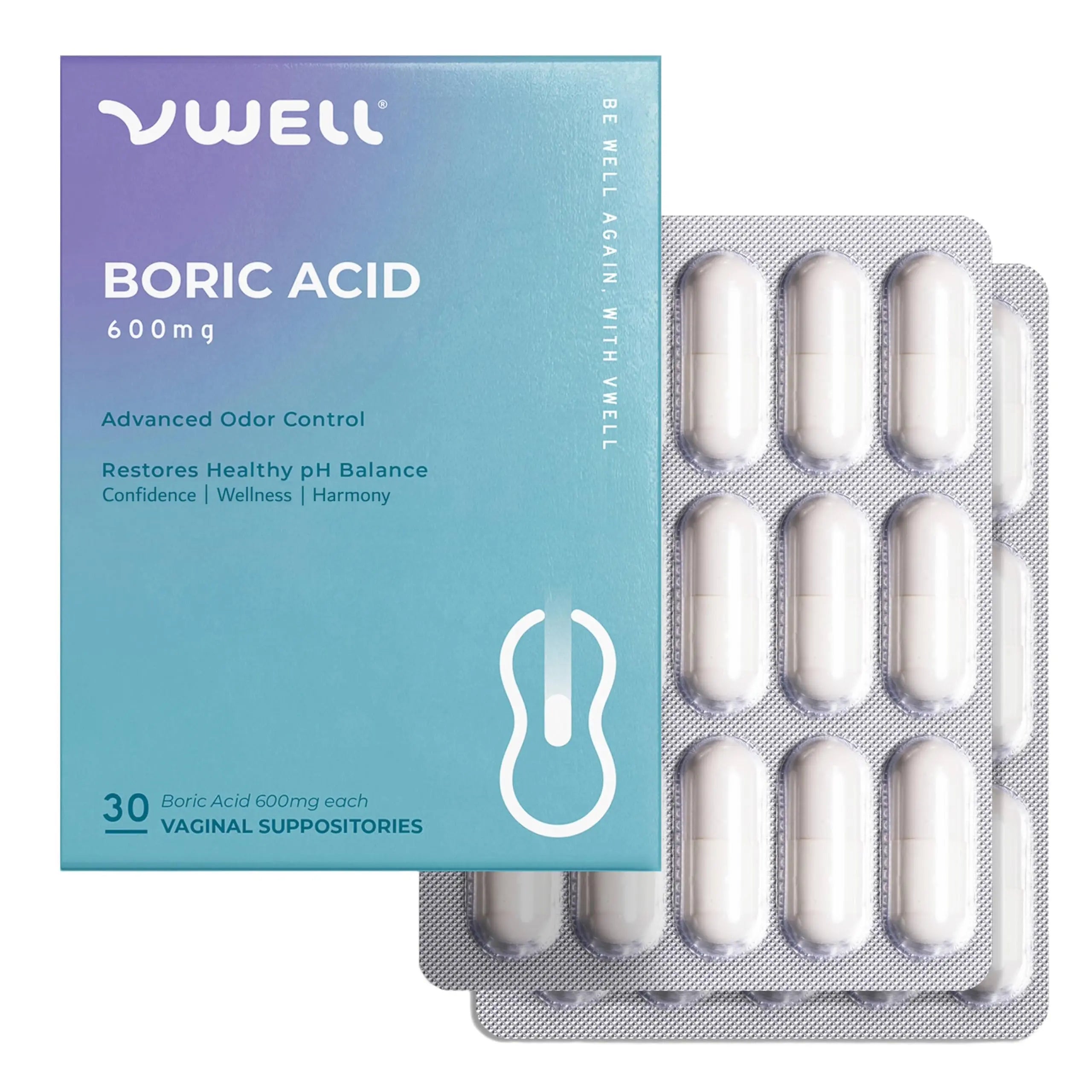 VWELL Boric Acid Vaginal Suppositories - Homeopathic Solution Maintains and Balances Healthy Vaginal pH & Microbiome Intimacy - Doctors Recommended (One Size, 30, Count) VWELL Au supplements