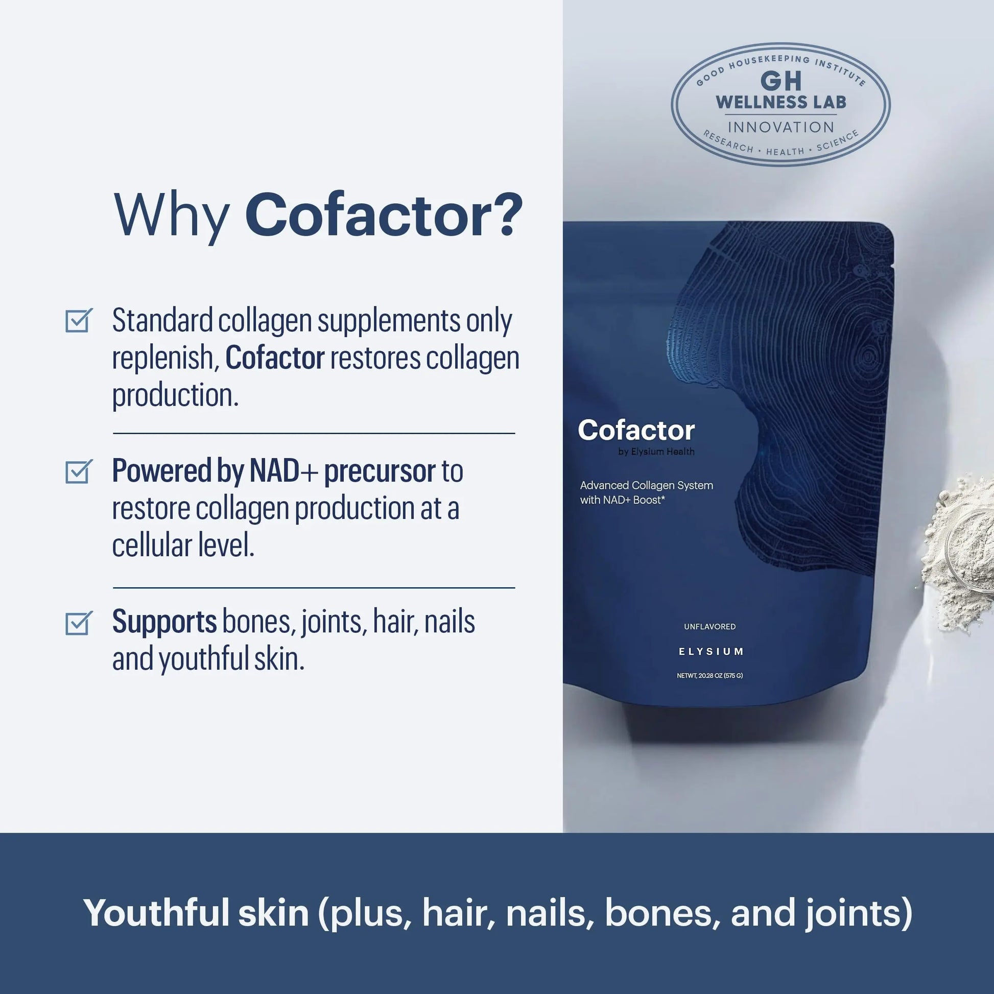 ELYSIUM Cofactor – 4-in-1 Collagen Peptides Powder w/NAD+, Hyaluronic Acid & Vitamin C for Skin, Hair, Nails, Joints & Cellular Health, Collagen Supplements for Men & Women – Unflavored, 28 Servings ELYSIUM Au supplements