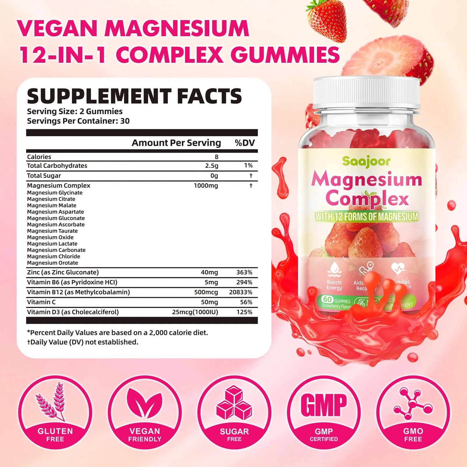 Magnesium Complex Gummies – with 12 Forms of Magnesium (Citrate, Glycinate, Malate, Oxide, and More) Plus Vitamins B6, B12, and C. for Women and Men – Strawberry Flavor, 60 Count Saajoor Au supplements