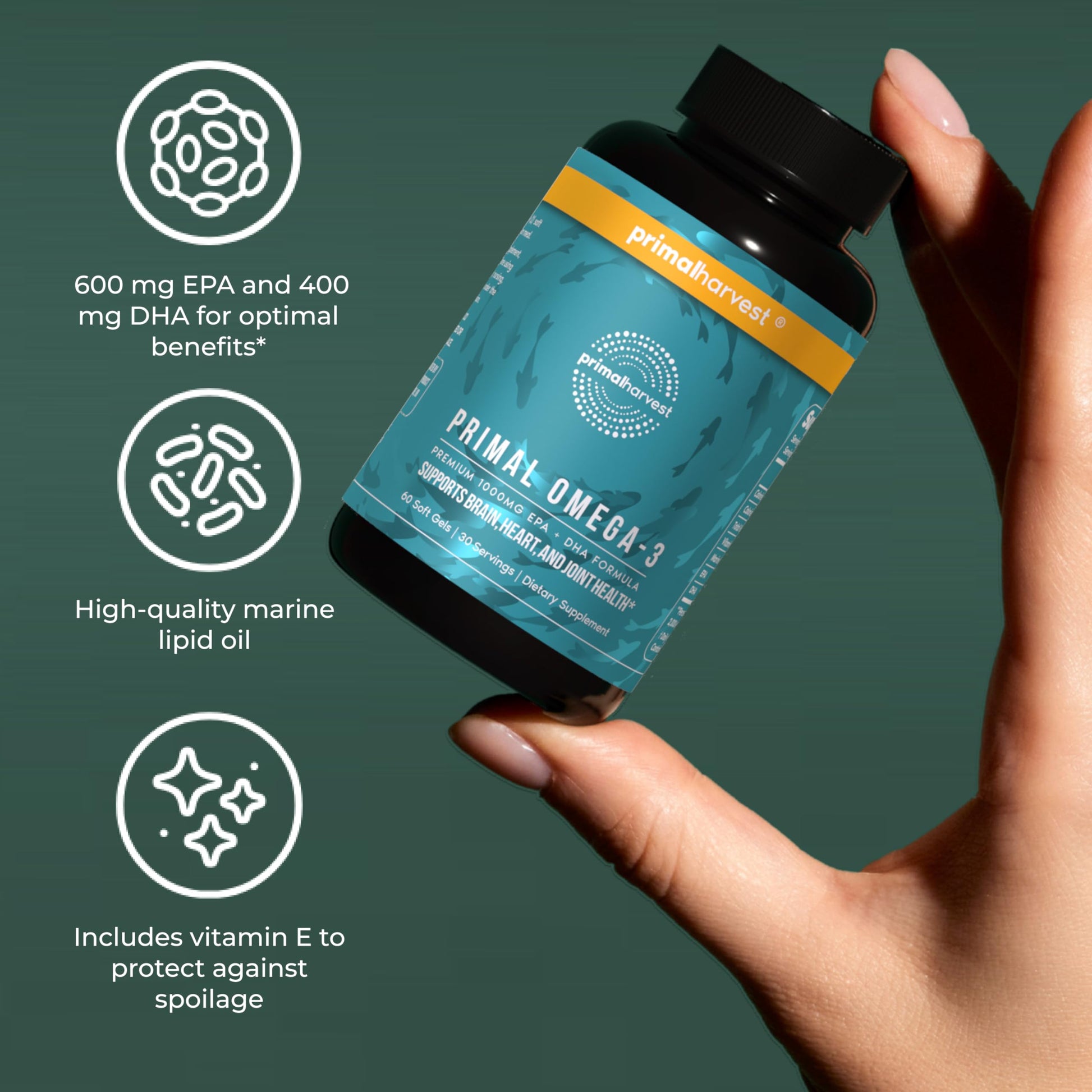Primal Harvest Omega 3 Fish Oil Supplements, 30 Servings Soft Gels Capsules w/ 1000mg EPA + DHA Supplements, No Fishy Burps Non-GMO Omega 3 Fatty Acid Primal Harvest Au supplements