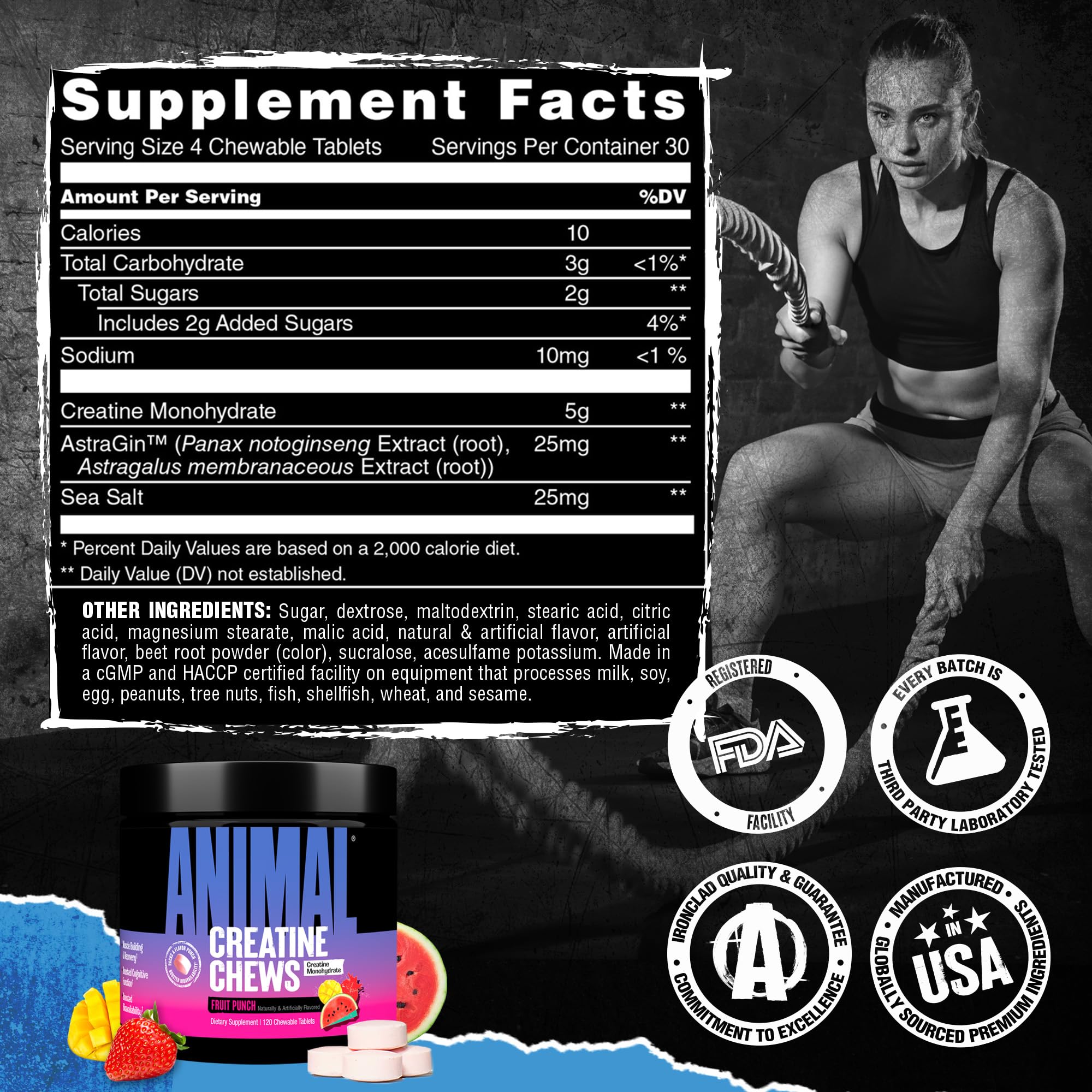 Animal Creatine Chews Tablets - Enhanced Creatine Monohydrate with AstraGin to Improve Absorption, Sea Salt for Added Pumps, Delicious and Convenient Chewable Tablets - Fruit Punch Animal Au supplements