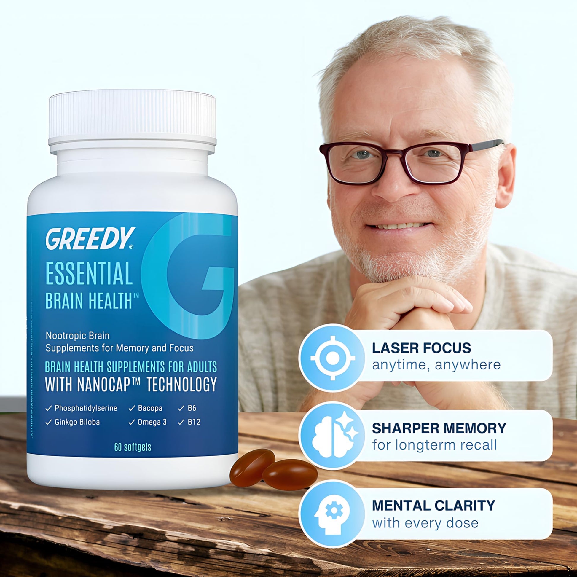 Essential Brain Health Supplements Nootropic for Memory and Focus – for Adults with NanoCap® Technology, Phosphatidylserine, Bacopa, Ginkgo Biloba, Omega 3, B6, B12, 60 Softgels by Greedy® Nutrition Platinum Health Au supplements