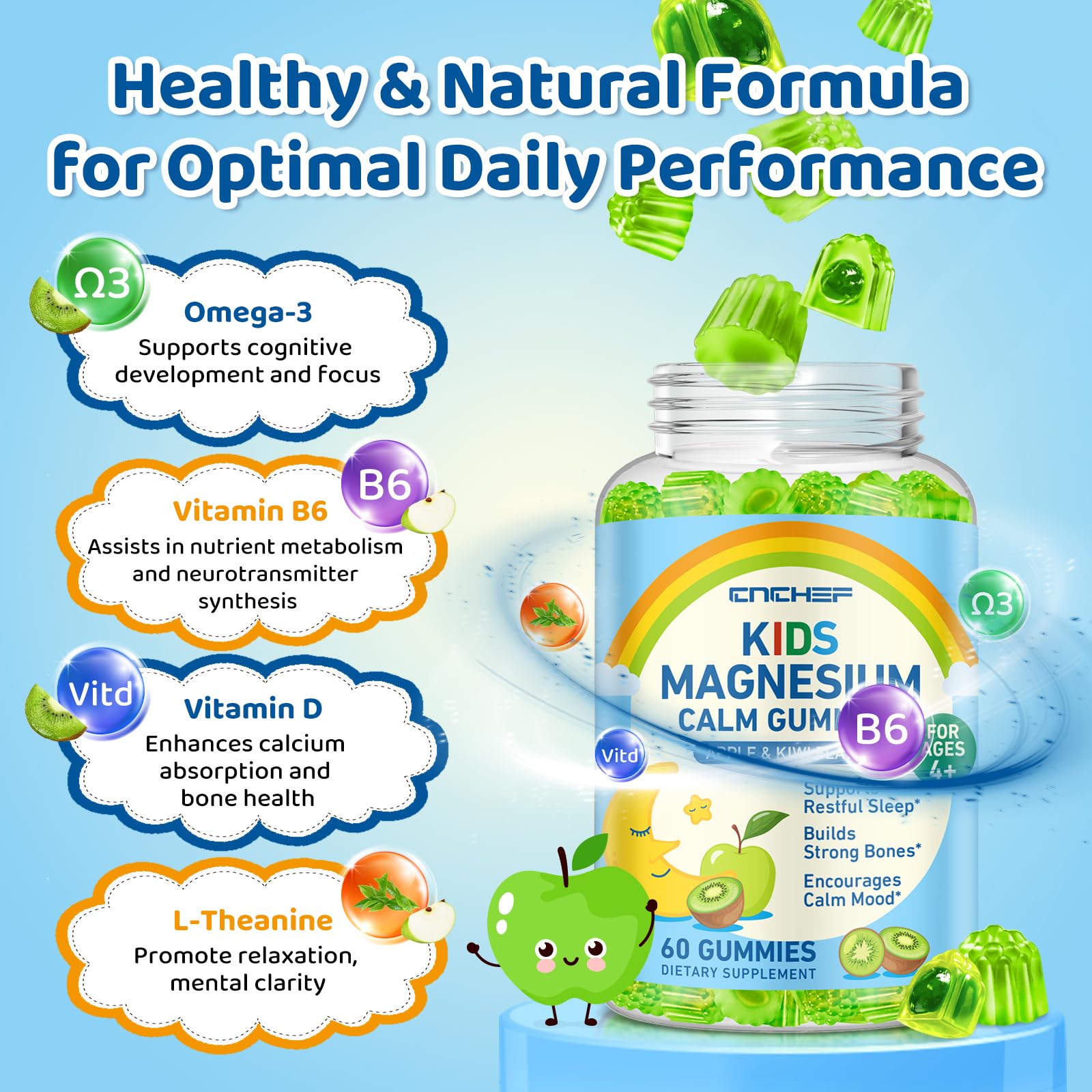 Center-Filled Magnesium Gummies for Kids 300MG - Magnesium Glycinate Gummies with L-theanine, Omega-3, Vitamin B6, D for Kids & Adults, Supplement for Sleep, Calm & Muscle Relaxation - Apple & Kiwi CNCHEF Au supplements