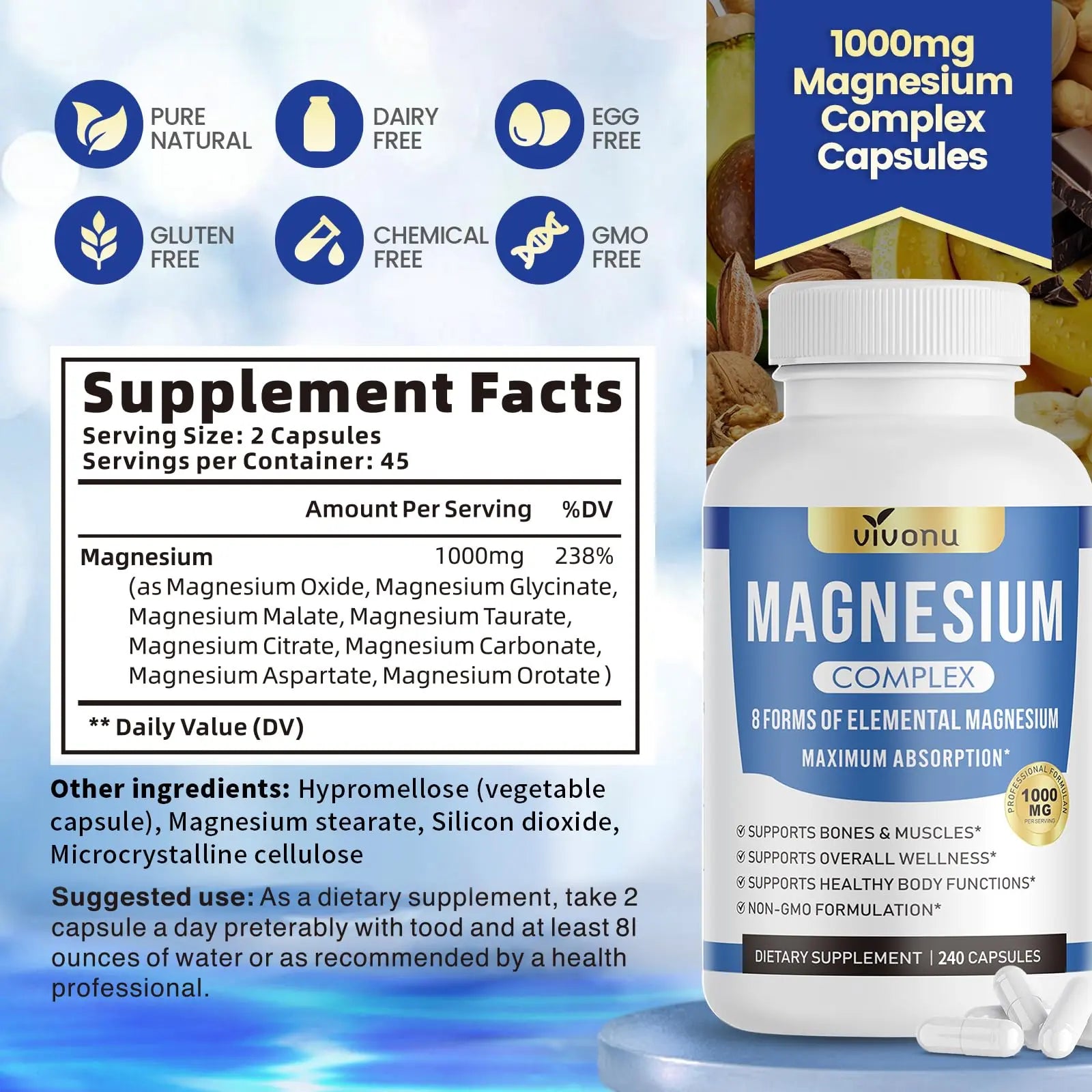 1000mg Magnesium Complex for Women & Men*, 8 Elemental with Magnesium Glycinate, Citrate, Malate, Taurate, Oxide, Carbonate, Aspartate, Orotate for Bones, Muscle, Recovery, Energy, Vegan, 90 Capsules VivoNu Au supplements
