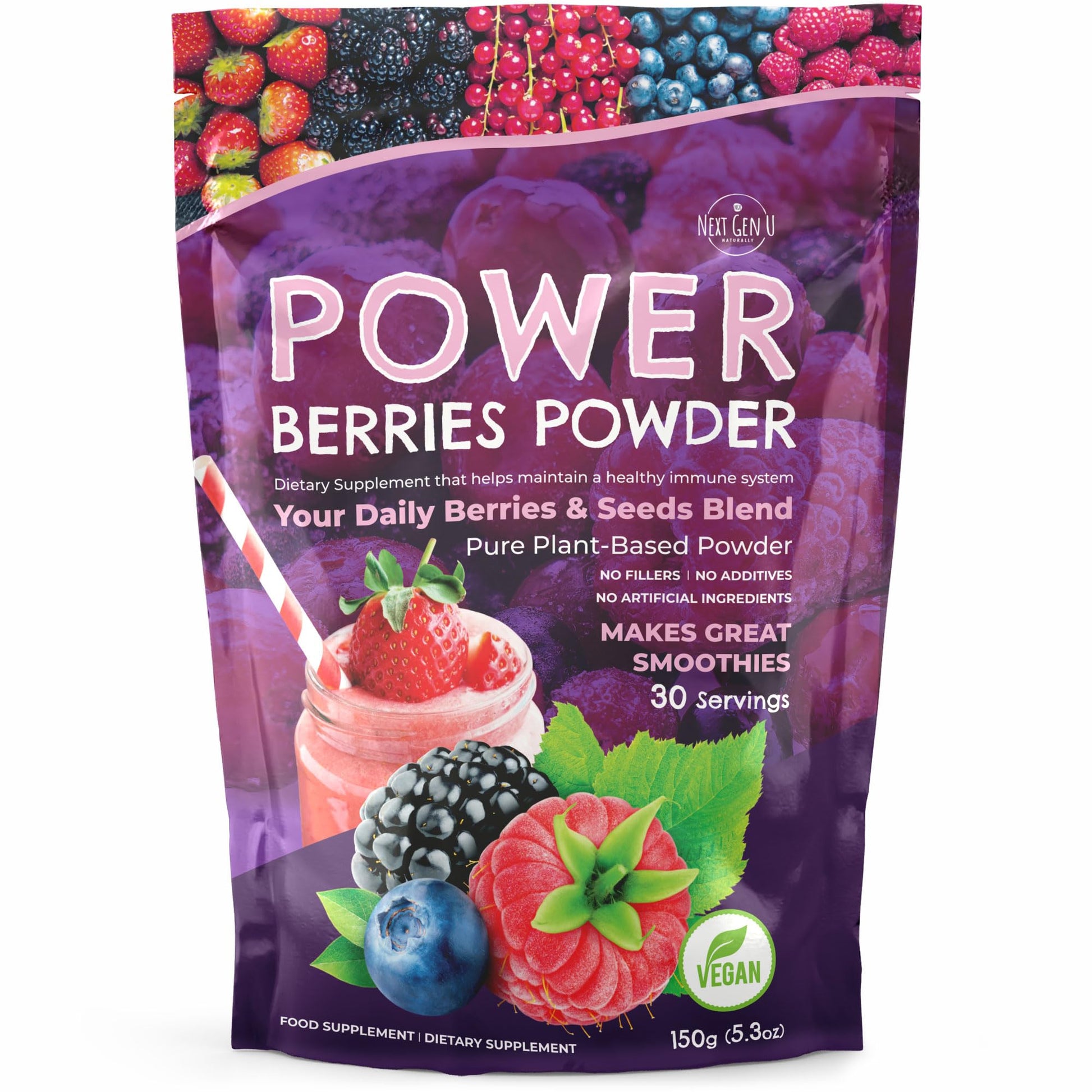 Super Berry Powder - 150g - Immune Support - Food Supplement - Superfood Berries - Smoothie Mix for Shakes - Healthy Boost for Detox Juice Beverages or Any Drink - by NextGenU NGU Next Gen U Au supplements