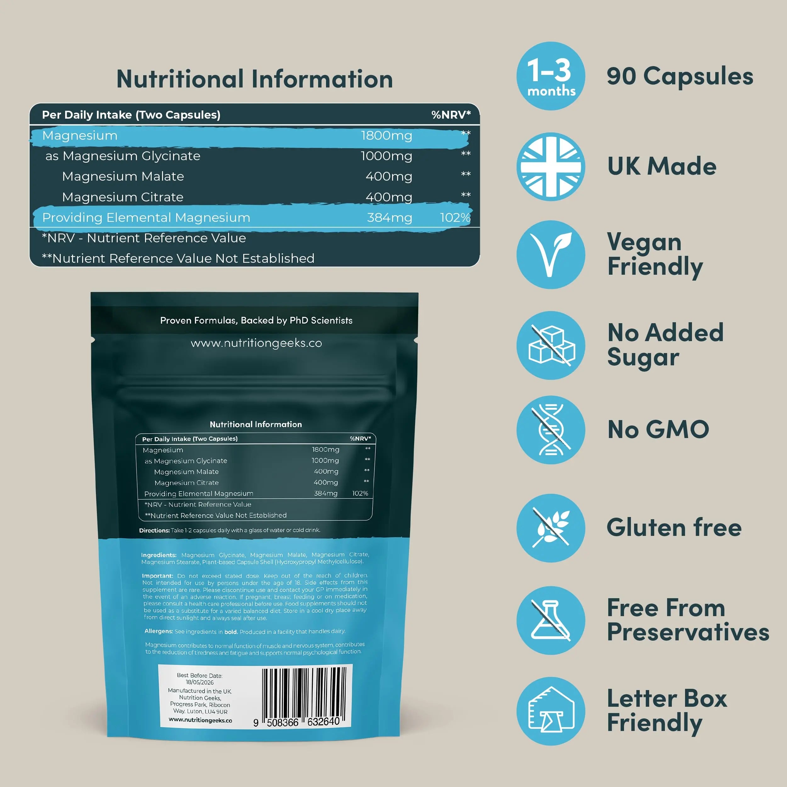 Magnesium Glycinate 3-in-1 Complex - 1800mg Supplements as Bisglycinate, Citrate Nutrition Geeks Au supplements