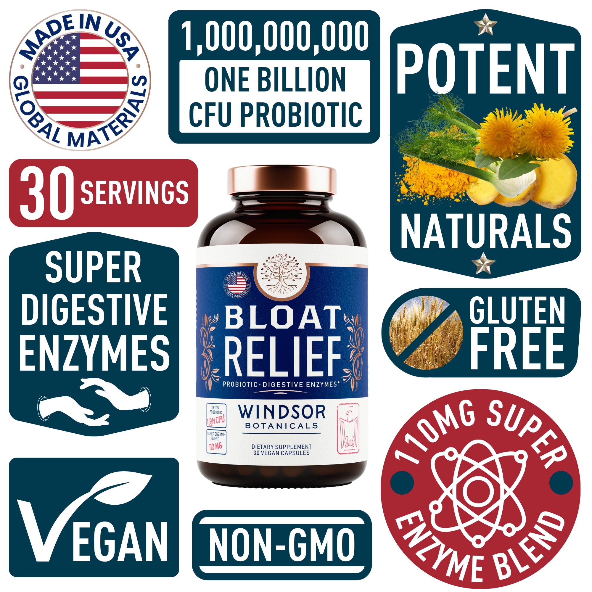 Bloat Relief Probiotic and Digestive Enzymes - Anti Bloating Turmeric, Fennel, Bromelain IBS Supplement - Detox Debloat Capsules Gas - Bloating Relief for Women and Men - 30 Gut Health Pills WINDSOR BOTANICALS Au supplements