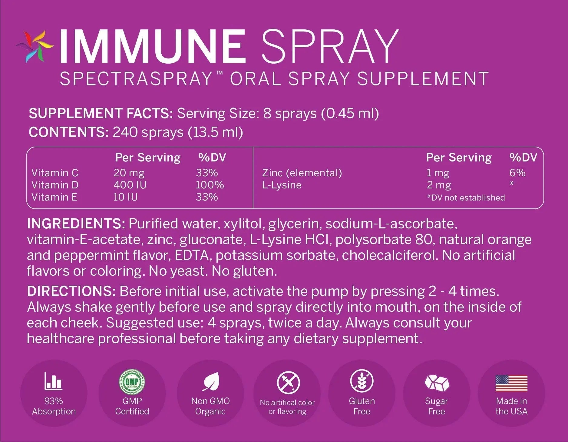Spectraspray Immune Support Vitamin Spray - Vitamins C, E, Zinc and L-Lysine, 30 Day Supply per Spray Spectraspray Au supplements