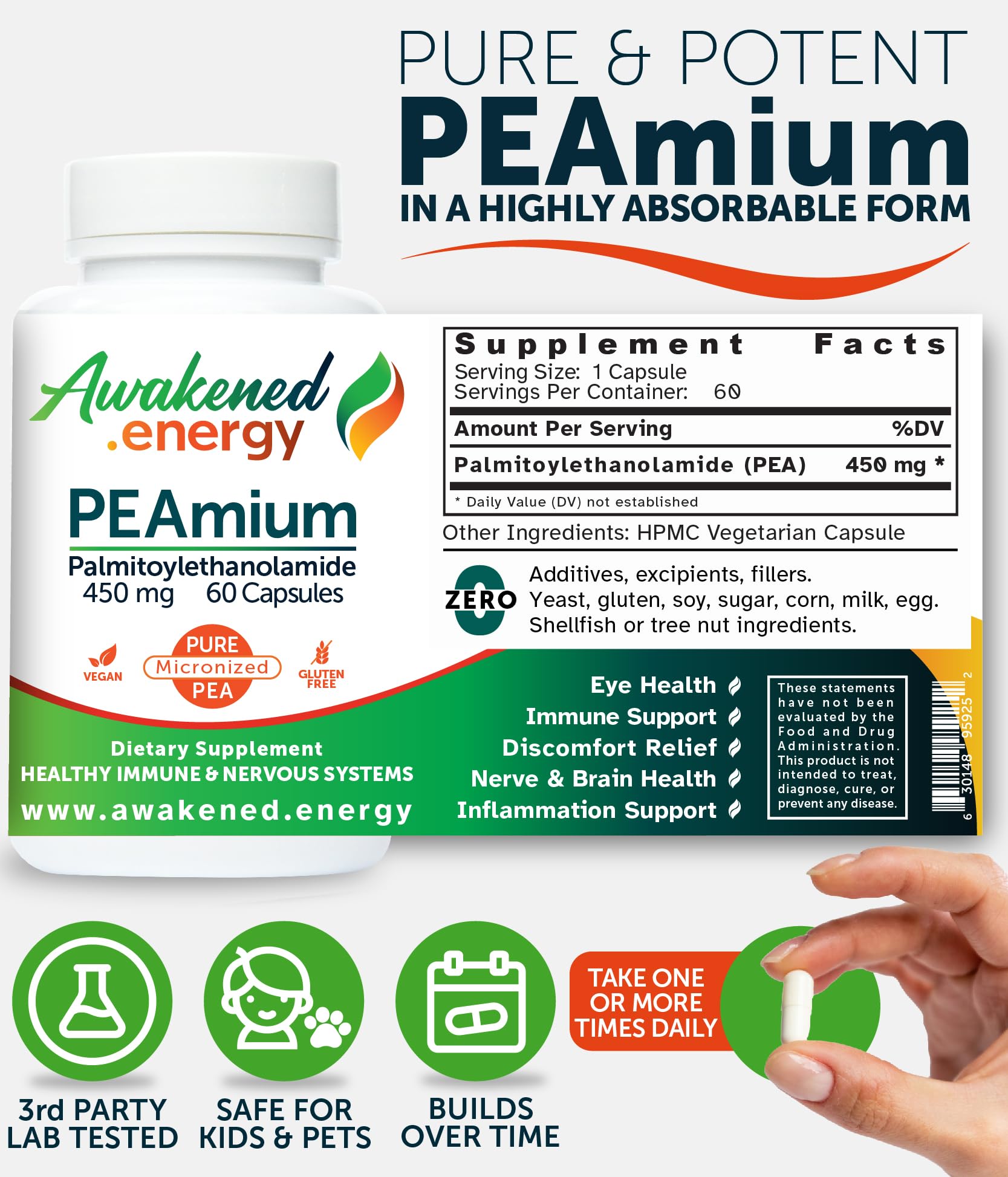 Palmitoylethanolamide 450mg Comfort Mobility Nerves Cognitive & Immune Support - Micronized High Absorption - All Natural Pea - USA Made - No Additives or Excipients – 60 Vegan Capsules Supplement Awakened.energy Au supplements