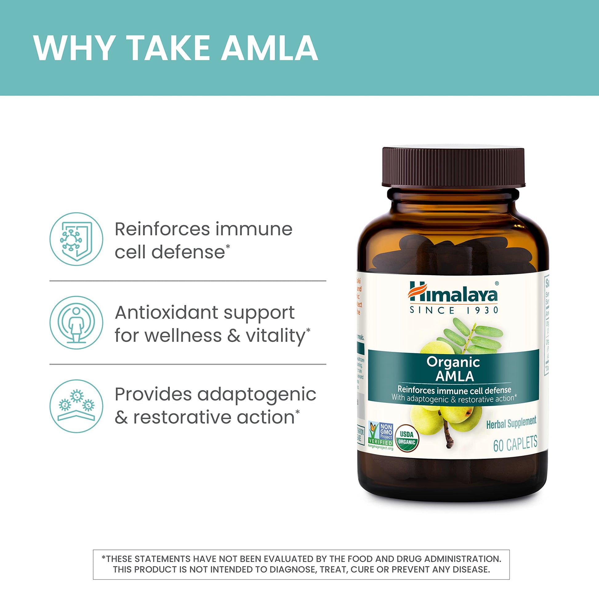 Himalaya Organic Amla - Herbal Immune Support Supplement with Adaptogen and Antioxidant - USDA Organic, Vegan, Non-GMO, Gluten Free, 600 mg, 60 Caplets Himalaya Au supplements
