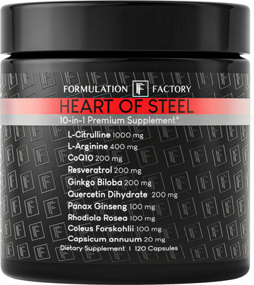 Formulation Factory Heart of Steel - L-Citrulline 1000mg with L-Arginine, CoQ10, Resveratrol, Ginkgo Biloba, Quercetin, Ginseng & Rhodiola