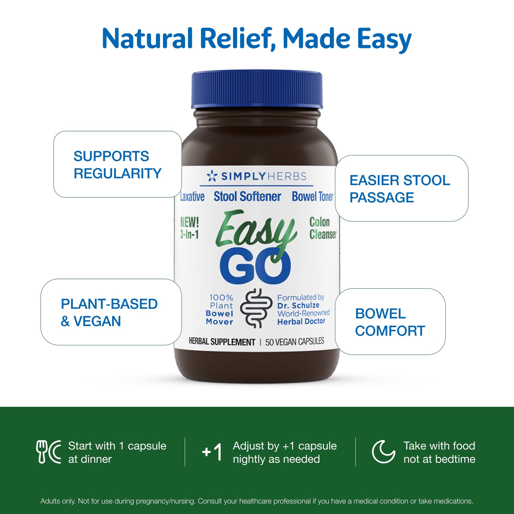 Simply Herbs Easy Go Bowel Mover - Adult Cleansing Supplement for Colon Health Support - Bowel Movement Aid - Stool Softener - Daily-Use Laxative - Plant-Based Ingredients - Vegan - 50 Count Dr. Schulze's Au supplements