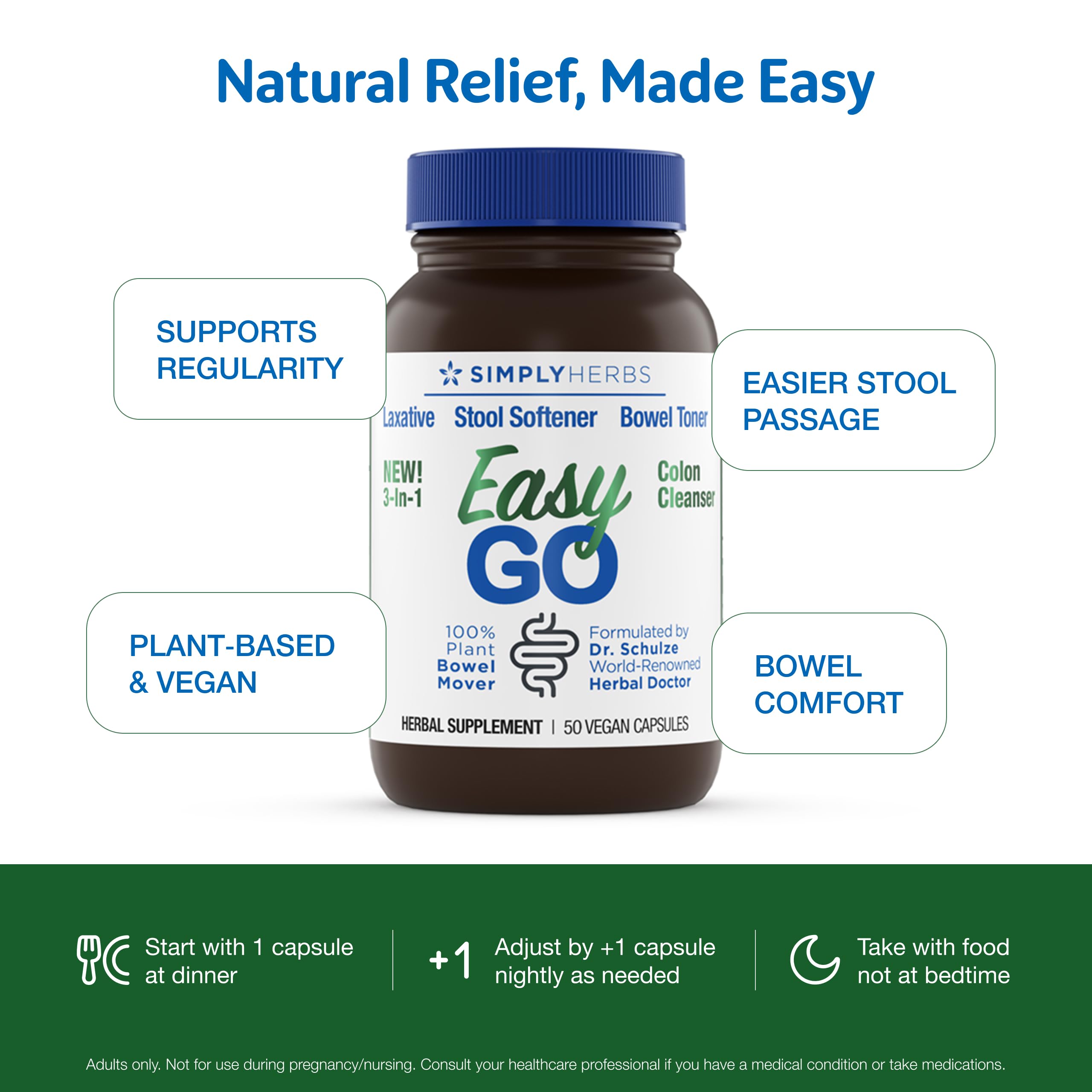 Simply Herbs Easy Go Bowel Mover - Adult Cleansing Supplement for Colon Health Support - Bowel Movement Aid - Stool Softener - Daily-Use Laxative - Plant-Based Ingredients - Vegan - 50 Count Dr. Schulze's Au supplements