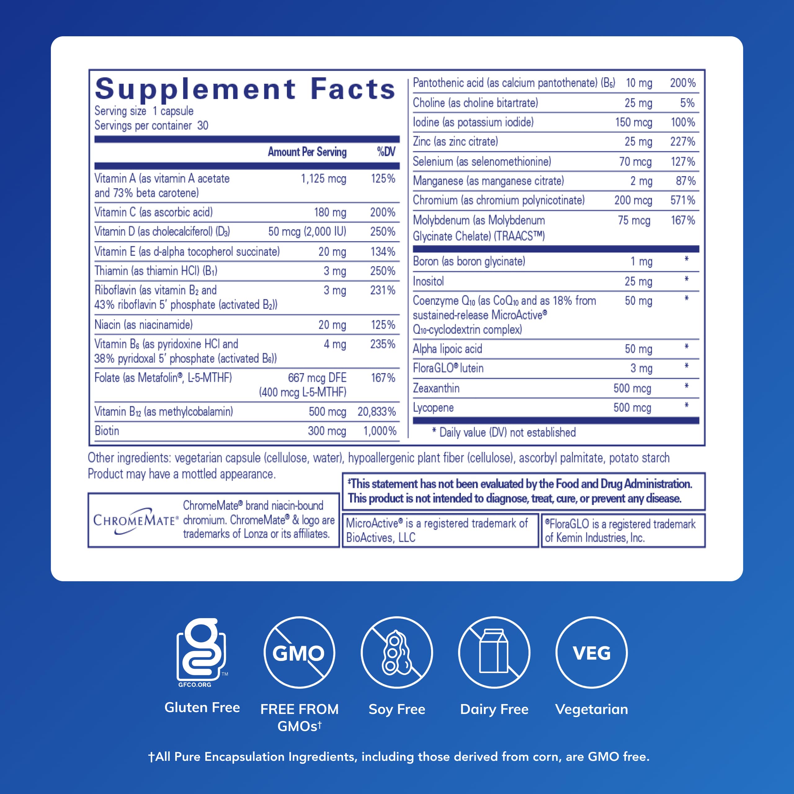 Pure Encapsulations O.N.E. Multivitamin - Once Daily Multivitamin with Antioxidant Complex Metafolin, CoQ10, and Lutein to Support Vision, Cognitive Function, and Cellular Health* - 30 Capsules Pure Encapsulations Au supplements