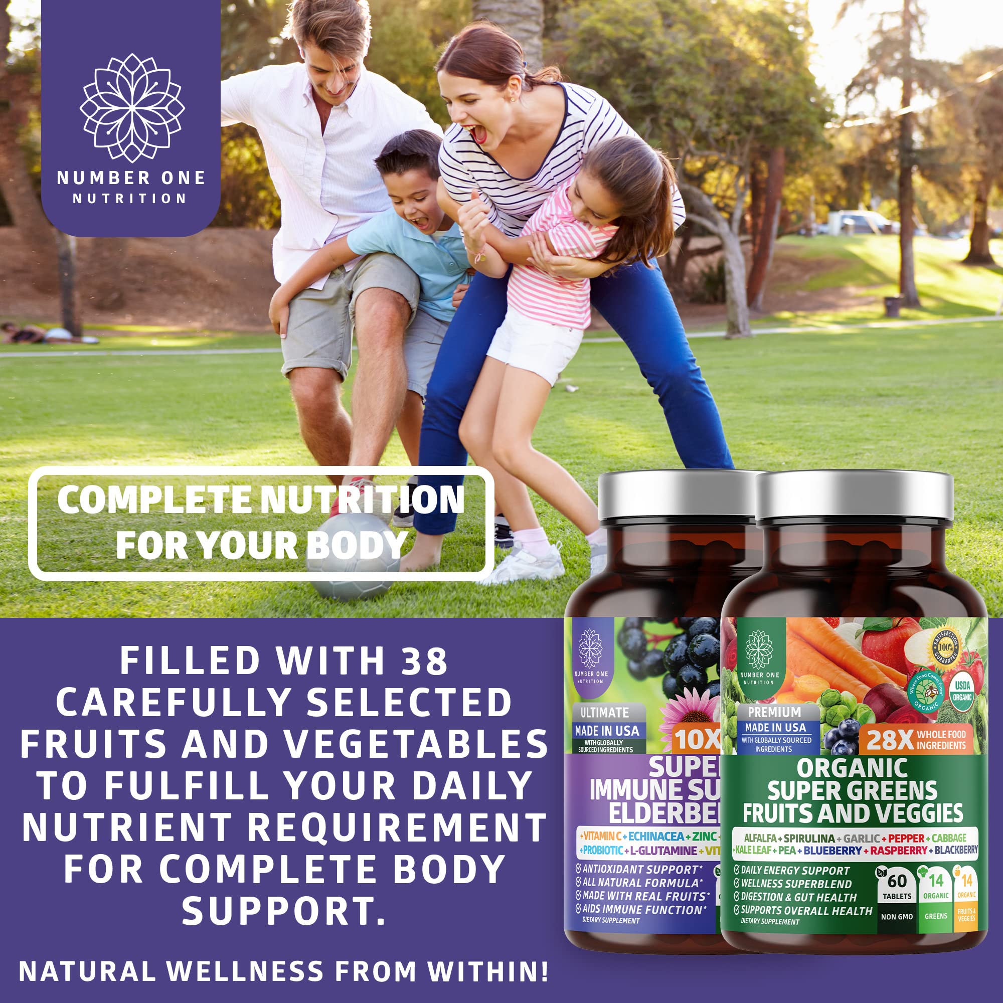 N1N Premium Organic Super Fruits & Veggies + Immune Support [38 Powerful Ingredients], Natural Super Greens Supplement with Alfalfa, Vitamins & Minerals, Zinc, Turmeric and Probiotic, 120 Caps Number One Nutrition Au supplements