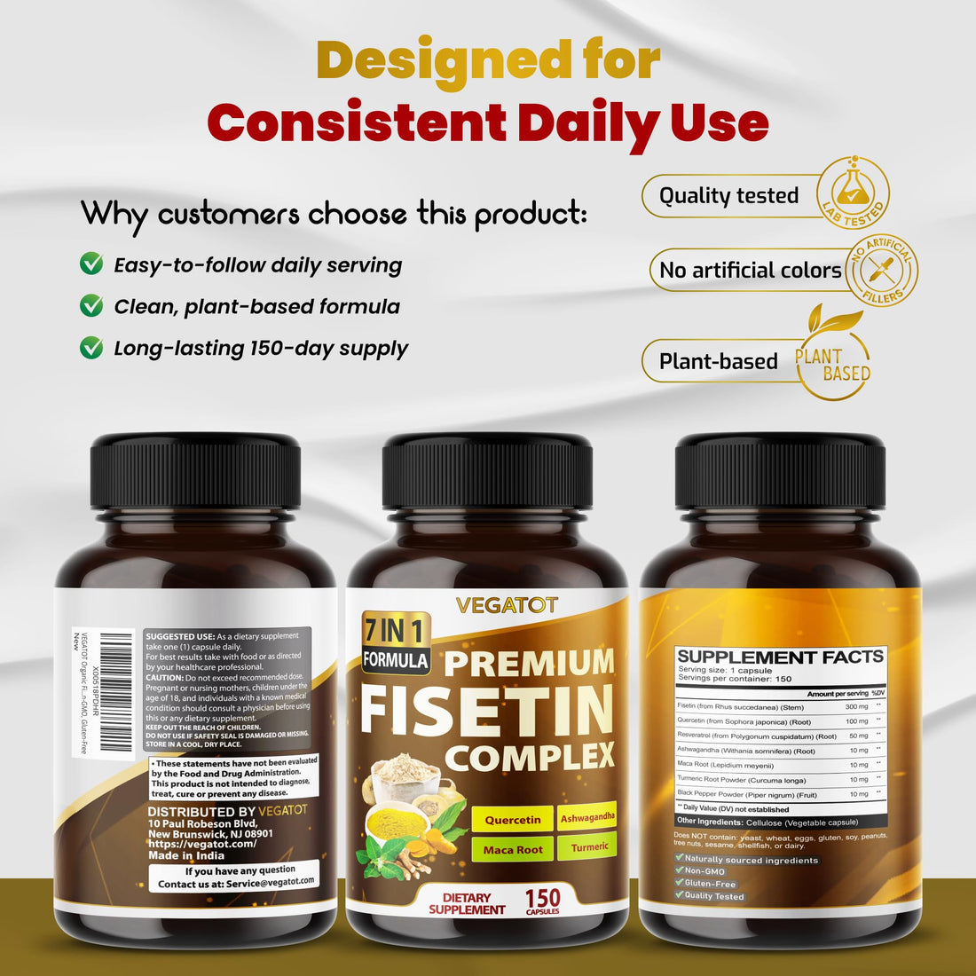 VEGATOT Organic Fisetin Complex 7-in-1 Formula | with Quercetin, Resveratrol, Ashwagandha, Maca Root, Turmeric, Black Pepper | 150 Capsules | Non-GMO, Gluten-Free VEGATOT Au supplements