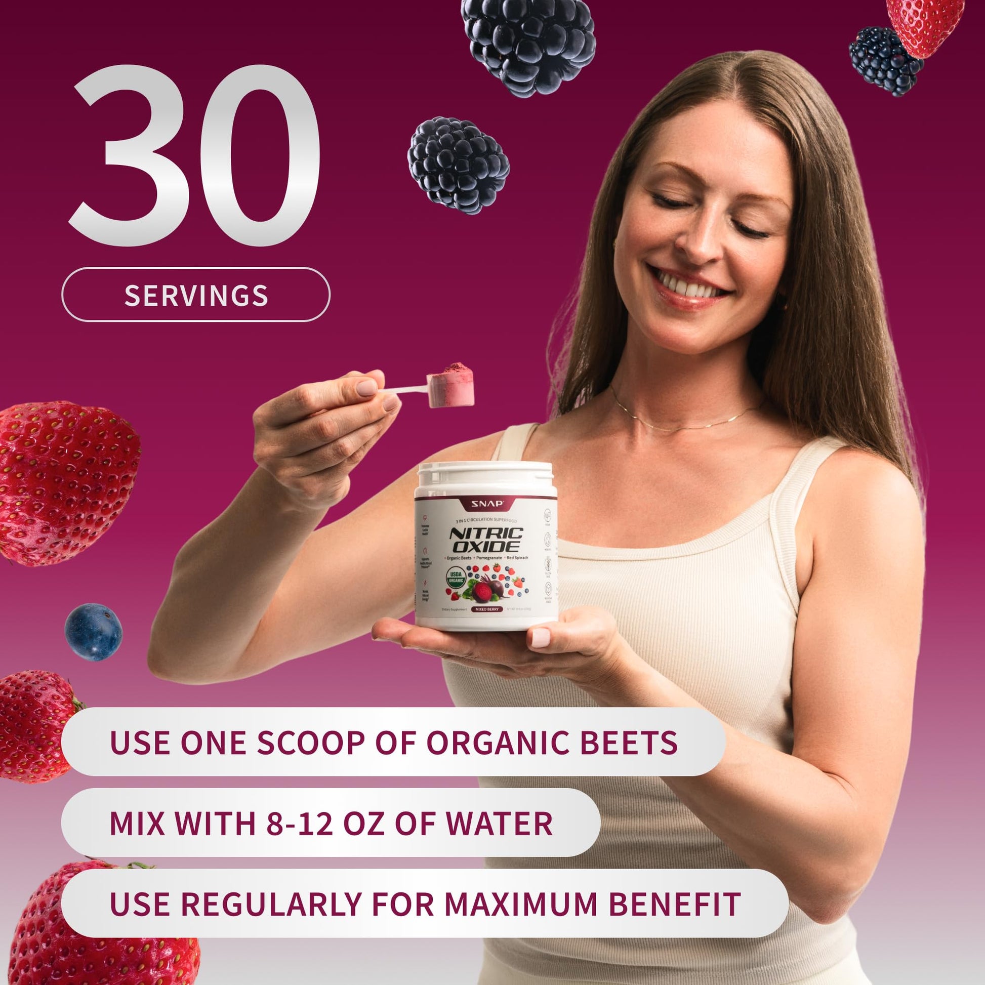 Snap Supplements Organic Beet Root Powder Nitric Oxide Supplement for Men & Women, Red Spinach & Pomegranate, Supports Healthy Energy & Blood Pressure Already in Normal Range, 30 Servings, Mixed Berry Snap Supplements Au supplements
