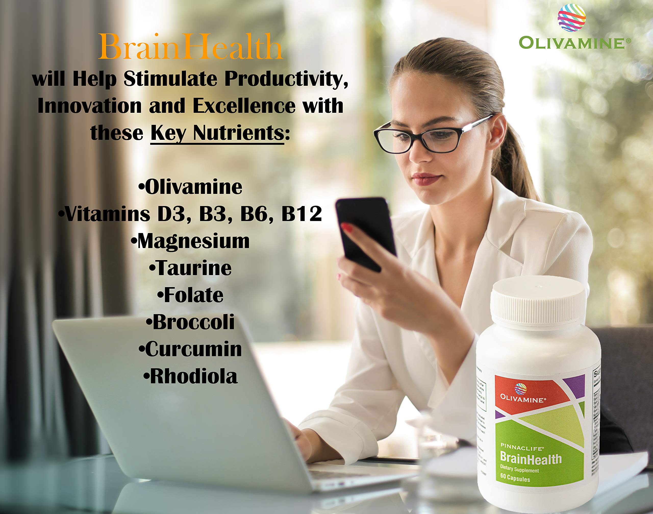 BrainHealth Brain Supplement - Amplify Memory, Increase Focus, Enhance Clarity & Gain Productivity For Men & Women, Olivamine, Vitamin D, Vitamin B6 & B12, Rhodiola Rosea, Magnesium, Taurine Pinnaclife Au supplements