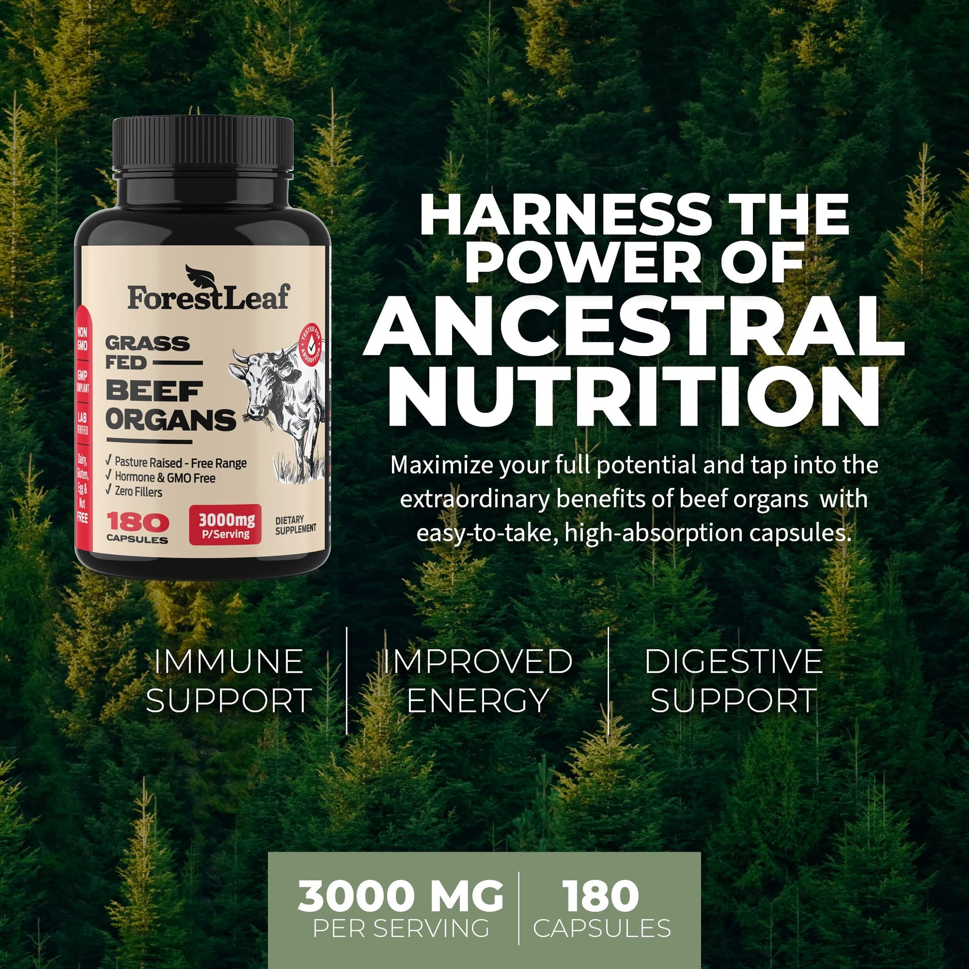 ForestLeaf Beef Organ Supplement - Grass Fed & Pasture Raised - Total Body Wellness & Performance, Organ Complex with 3000mg of Desiccated Beef Liver, Heart, Kidney, Pancreas, Spleen (180 Capsules) ForestLeaf Au supplements