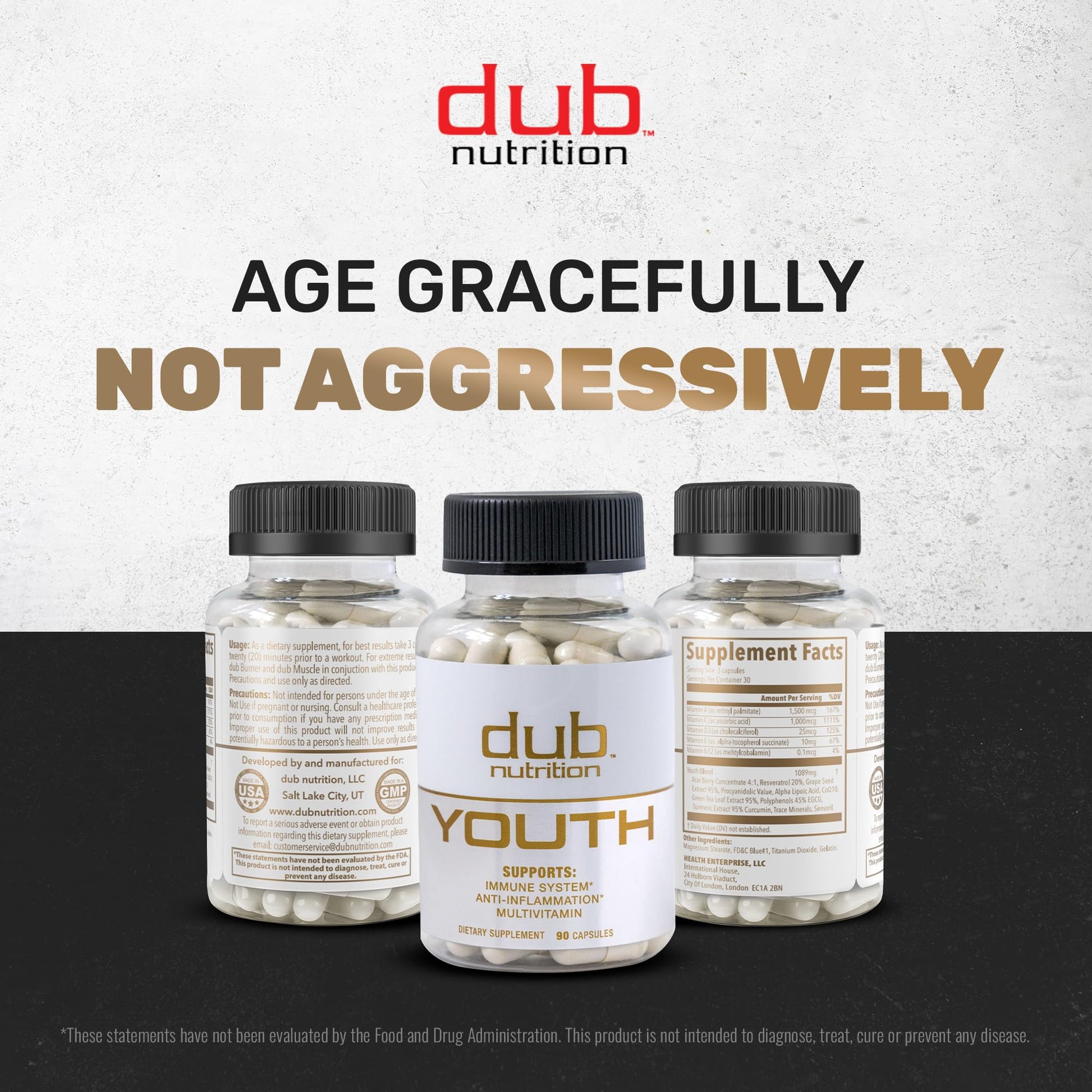 Dub Nutrition Youth - Formula with Acai, Resveratrol, Curcumin, Vitamins A, C, D, E, B12, and CoQ10 - Supports Immunity and Mobility - 90 Capsules Dub Nutrition Au supplements
