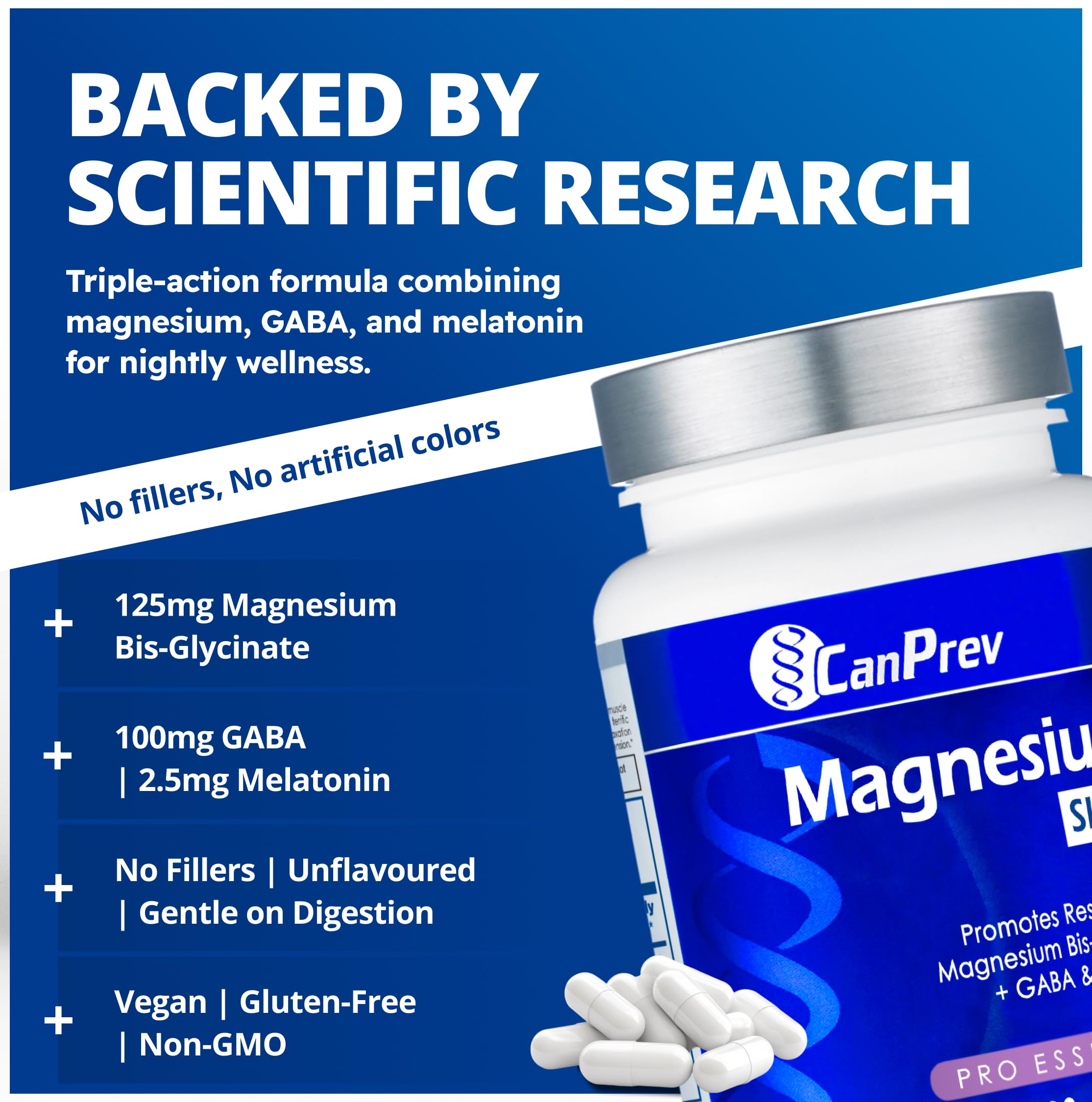 CanPrev Magnesium Bisglycinate Chelated + GABA & Melatonin, 120 Veg Caps, 120-Day Supply, Support Restful Night, Muscle Function, Promote Relaxation & Balanced Sleep-Wake Cycle, Vegan, No GMO & Gluten CanPrev Au supplements