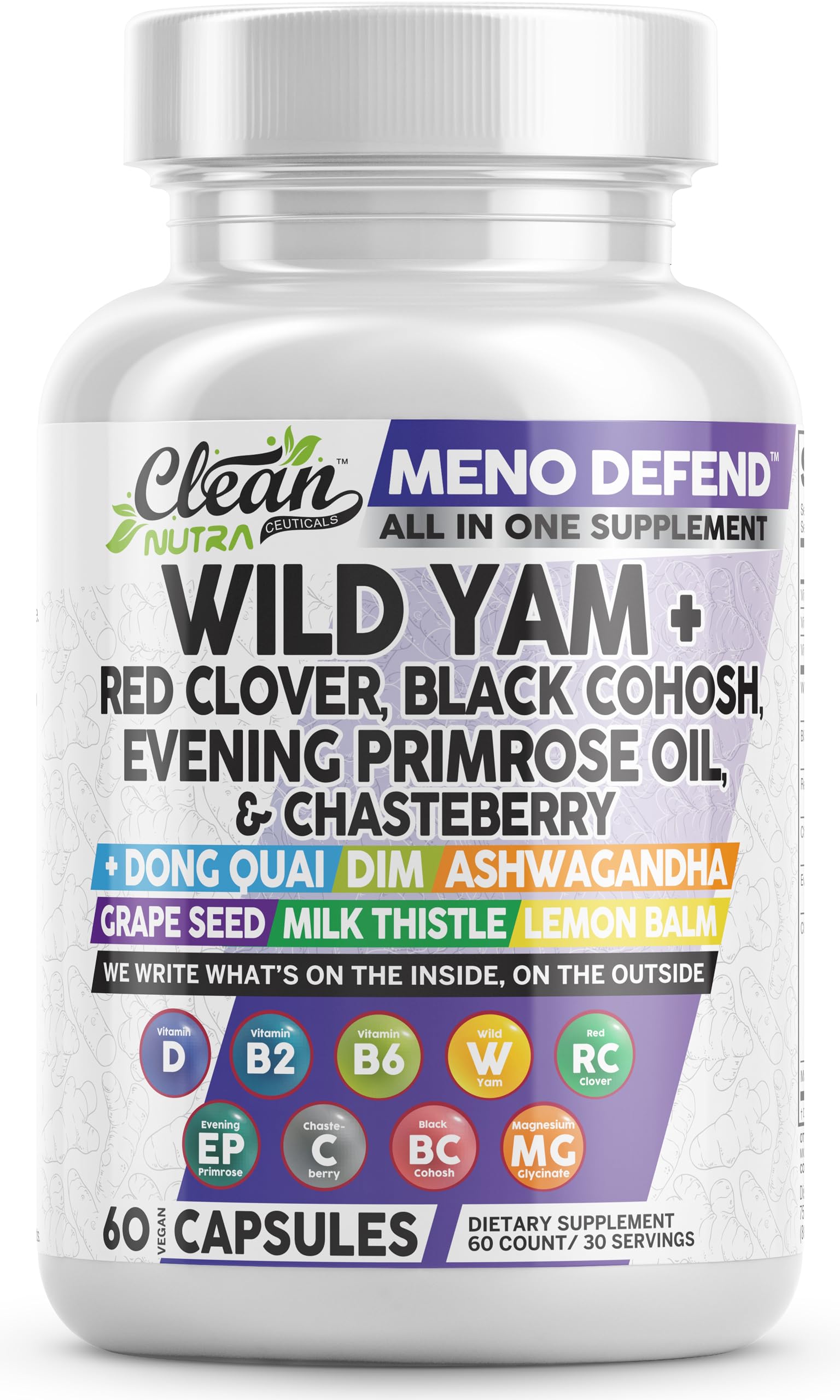 Clean Nutra Wild Yam Root Capsules with Red Clover Black Cohosh Evening Primrose Oil Chasteberry Dong Quai DIM Ashwagandha Grape Seed Extract Milk Thistle Lemon Balm and more Hormone Balance For Women Clean Nutraceuticals Au supplements