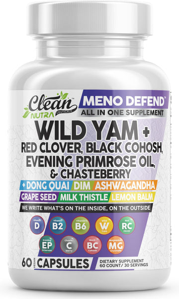 Clean Nutra Wild Yam Root Capsules with Red Clover Black Cohosh Evening Primrose Oil Chasteberry Dong Quai DIM Ashwagandha Grape Seed Extract Milk Thistle Lemon Balm and more Hormone Balance For Women Clean Nutraceuticals Au supplements